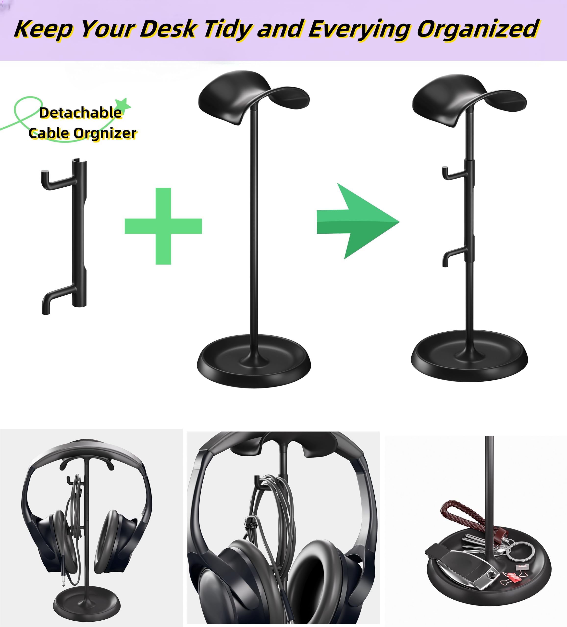 Wigmoa Premium Headphone Stand with Cable Organizer & Storage Tray - Universal Holder for AirPods Max/Pro, Beats, Bose & Gaming Headsets - No Tools Required (Black) - Perfect for Desk, Office & Gaming Setup Organization