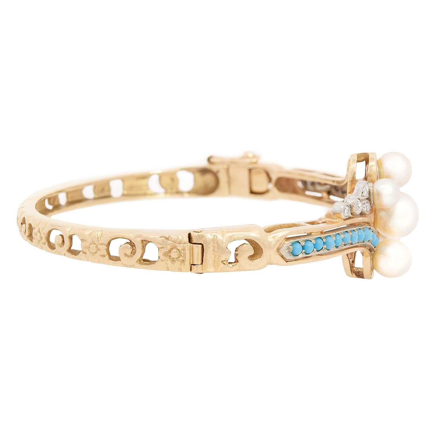Victorian Style 14K Gold Pearl, Turquoise & Diamond Bangle Bracelet - Elegant Jewelry for Weddings, Anniversaries & Special Occasions