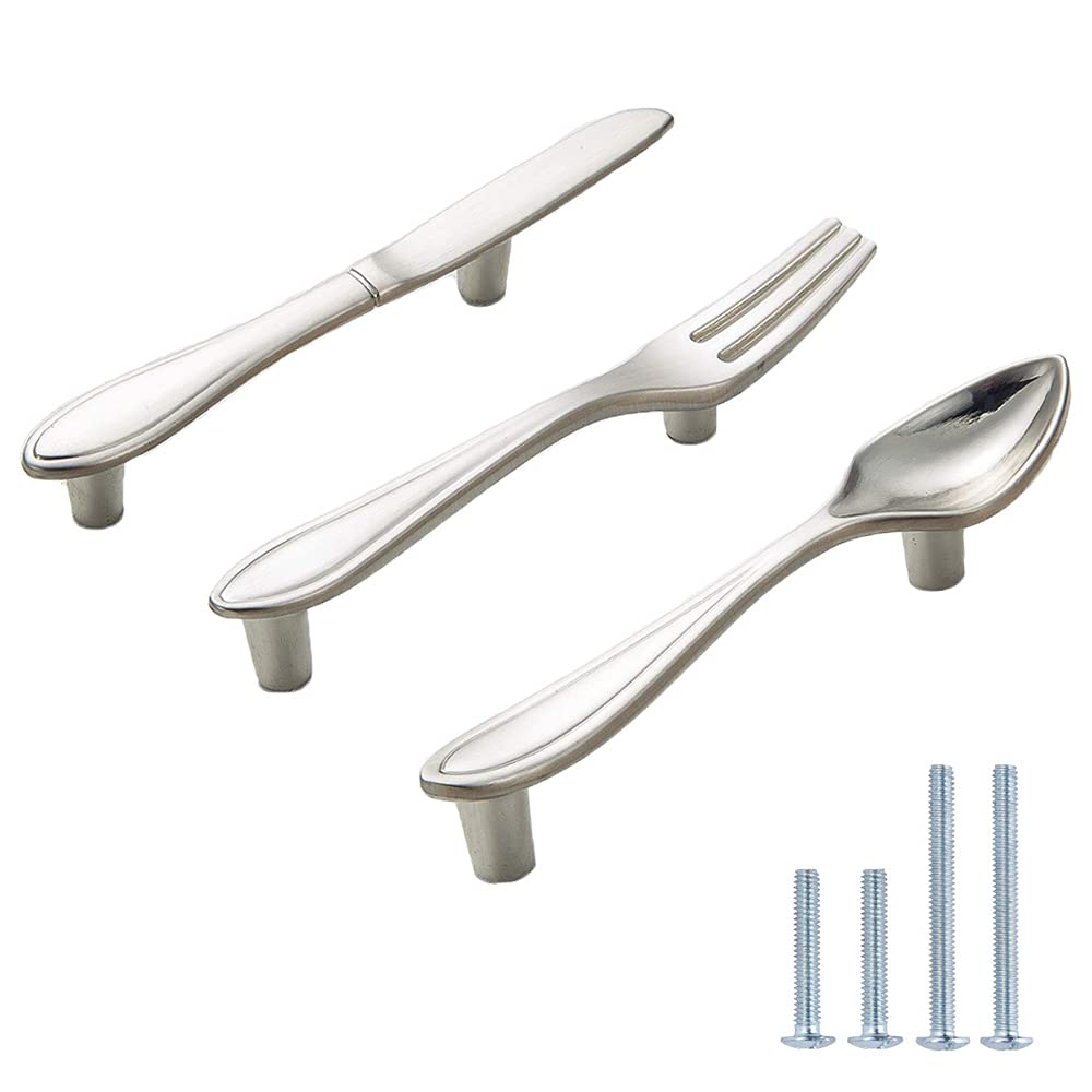 CENGOOD 3-Pack Silver Cabinet Pulls - Spoon Knife Fork Shaped Door Handles with 3