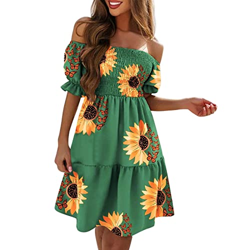 Women's Summer Maxi Dress - Flowy Off Shoulder Short Sleeve with Ruffle & Smocked Elastic Waist, Knee Length Sun Dress in Green (Size M) | Perfect for Beach Vacations, Pool Parties & Casual Outings