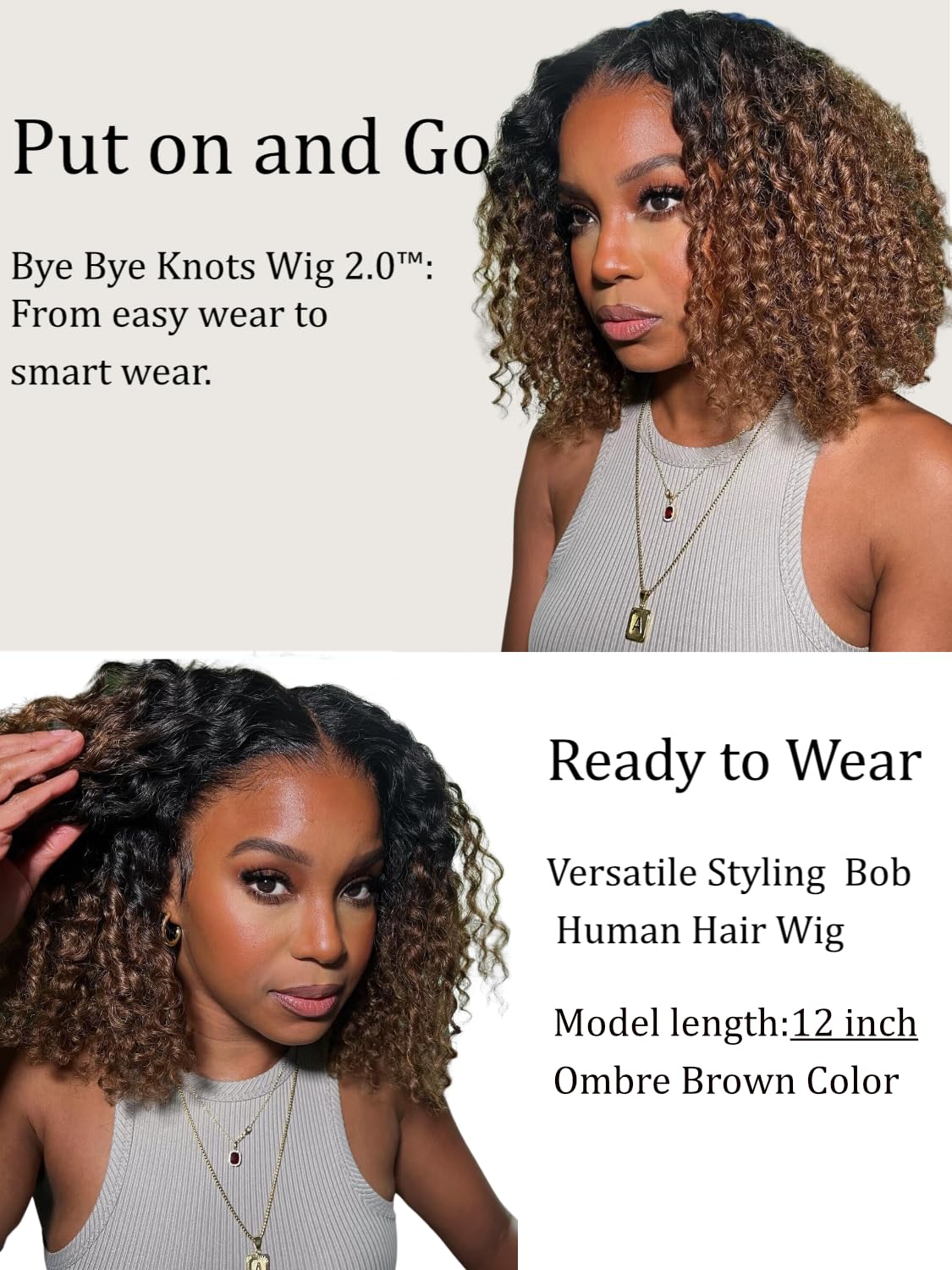 UNICE 8 Inch Short Curly Bob Wig - 100% Human Hair Glueless Wig with Bye Bye Knots, Pre Plucked & Bleached Knots, 7x5 Lace Closure - Ombre Brown Ready-to-Wear Bob Wig for Daily Wear, Cosplay & Special Occasions