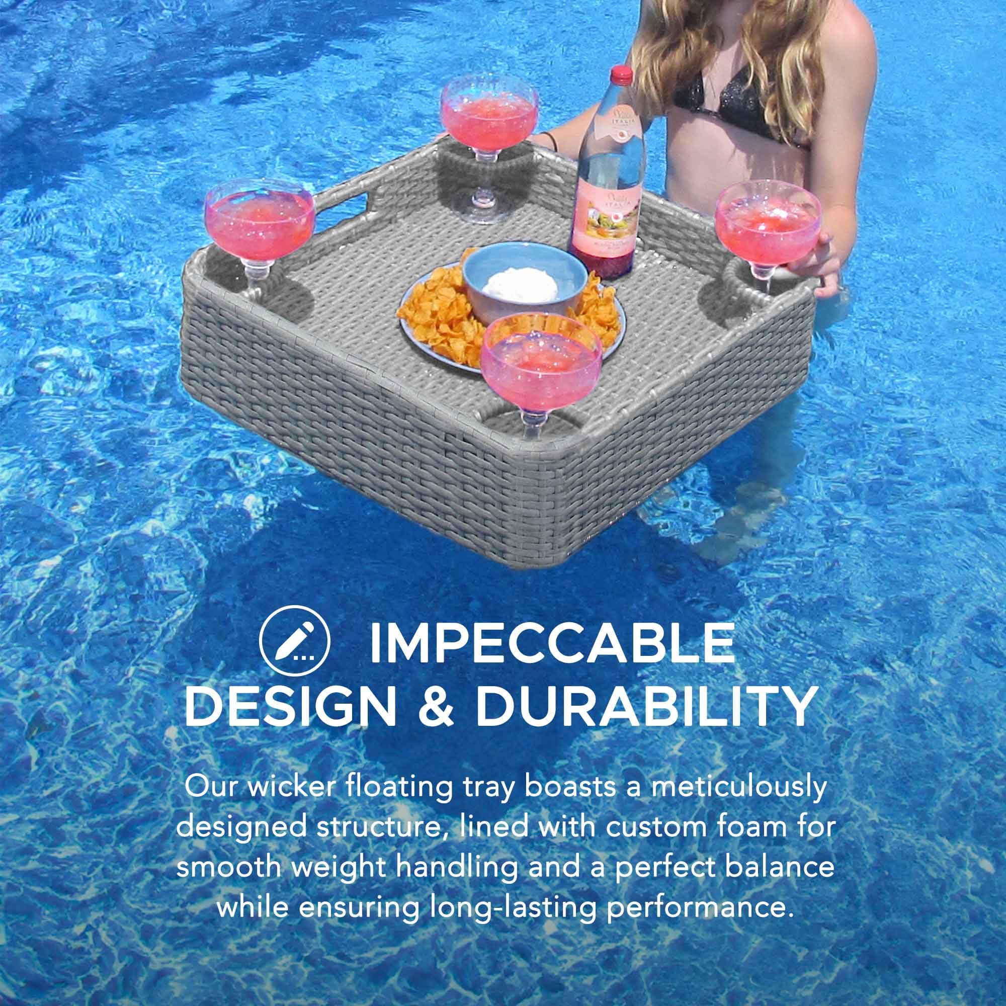 Sunjoy 24x24 Inch Floating Pool Tray with Aluminum Frame - Durable Wicker Design for Drinks, Snacks & Essentials - Fits Most Swimming Pools - Perfect for Pool Parties, Relaxation & Summer Fun - Grey
