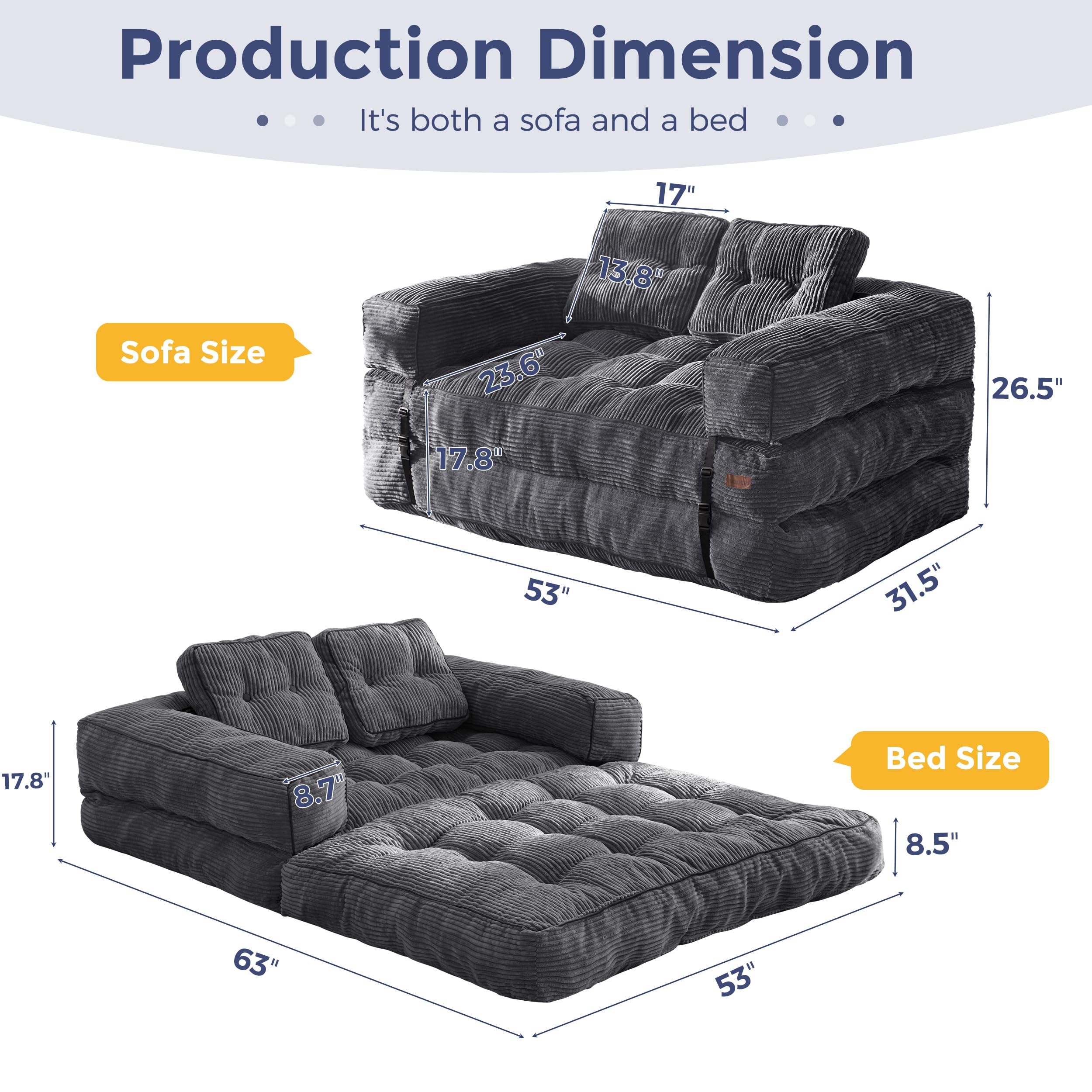 MAXYOYO L-Shaped Folding Sofa Bed - Convertible Sleeper Couch with Armrest & Pillow, Portable Foldable Floor Lounger for Small Spaces - Perfect for Living Room, Bedroom, Guest Room & Studio Apartments (Double Size, Dark Grey)