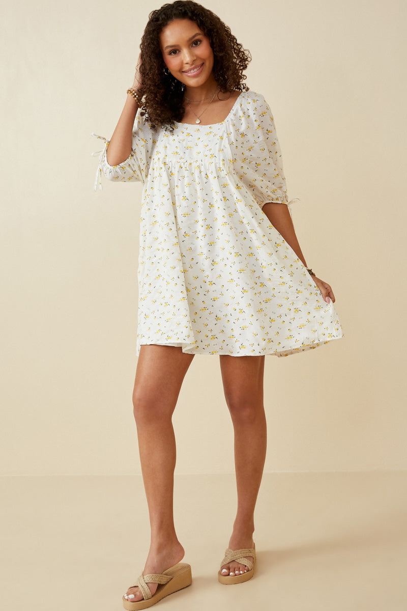 Women's Textured Ditsy Floral Square Neck Tie Sleeve Dress - Elegant Summer Casual & Party Wear for Women