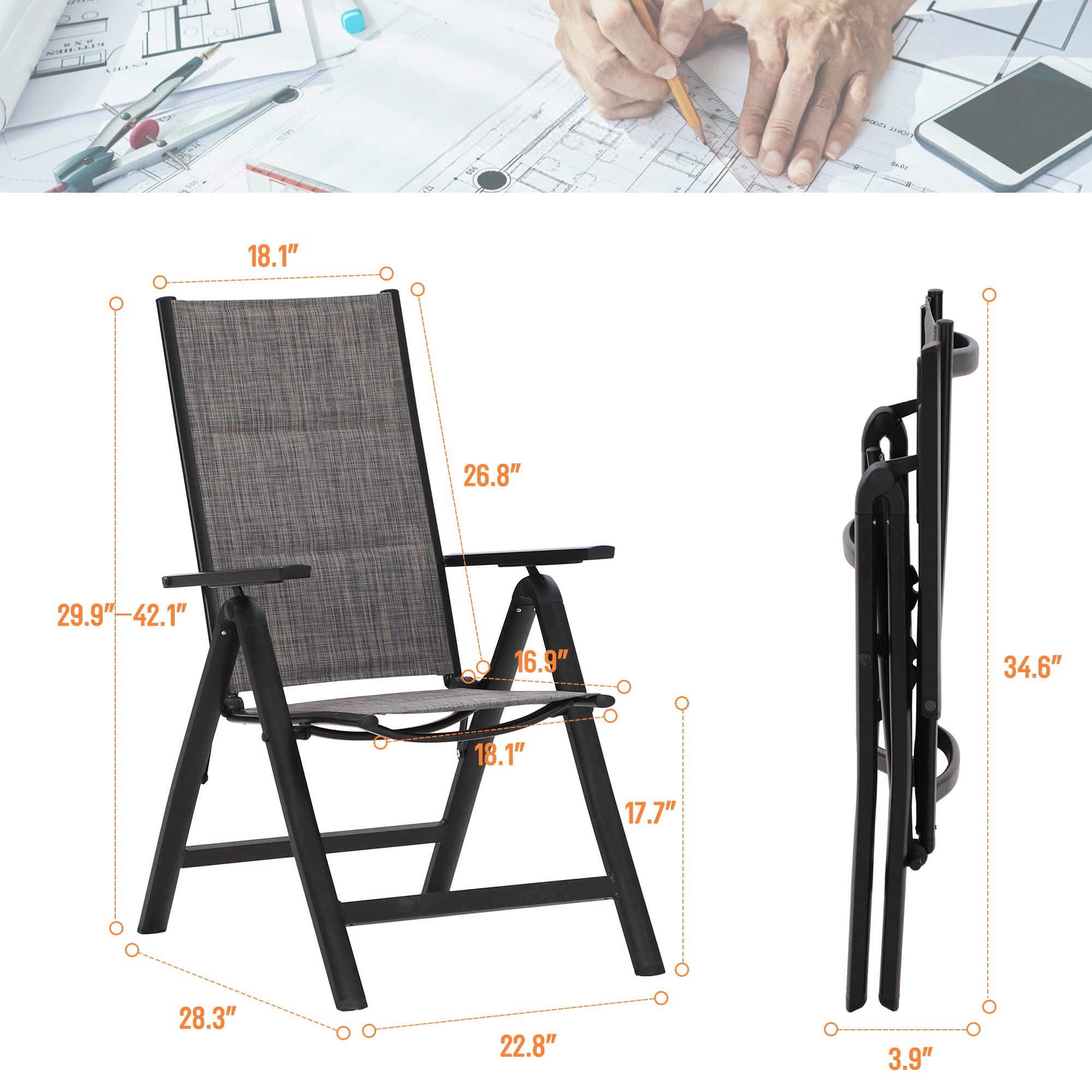 MFSTUDIO 2 Pack Aluminum Folding Patio Chairs with Arms - Adjustable Textilene Outdoor Dining Chairs for Backyard, Garden, Poolside & Camping - 7-Level Reclining, Portable & Weather-Resistant (Grey)