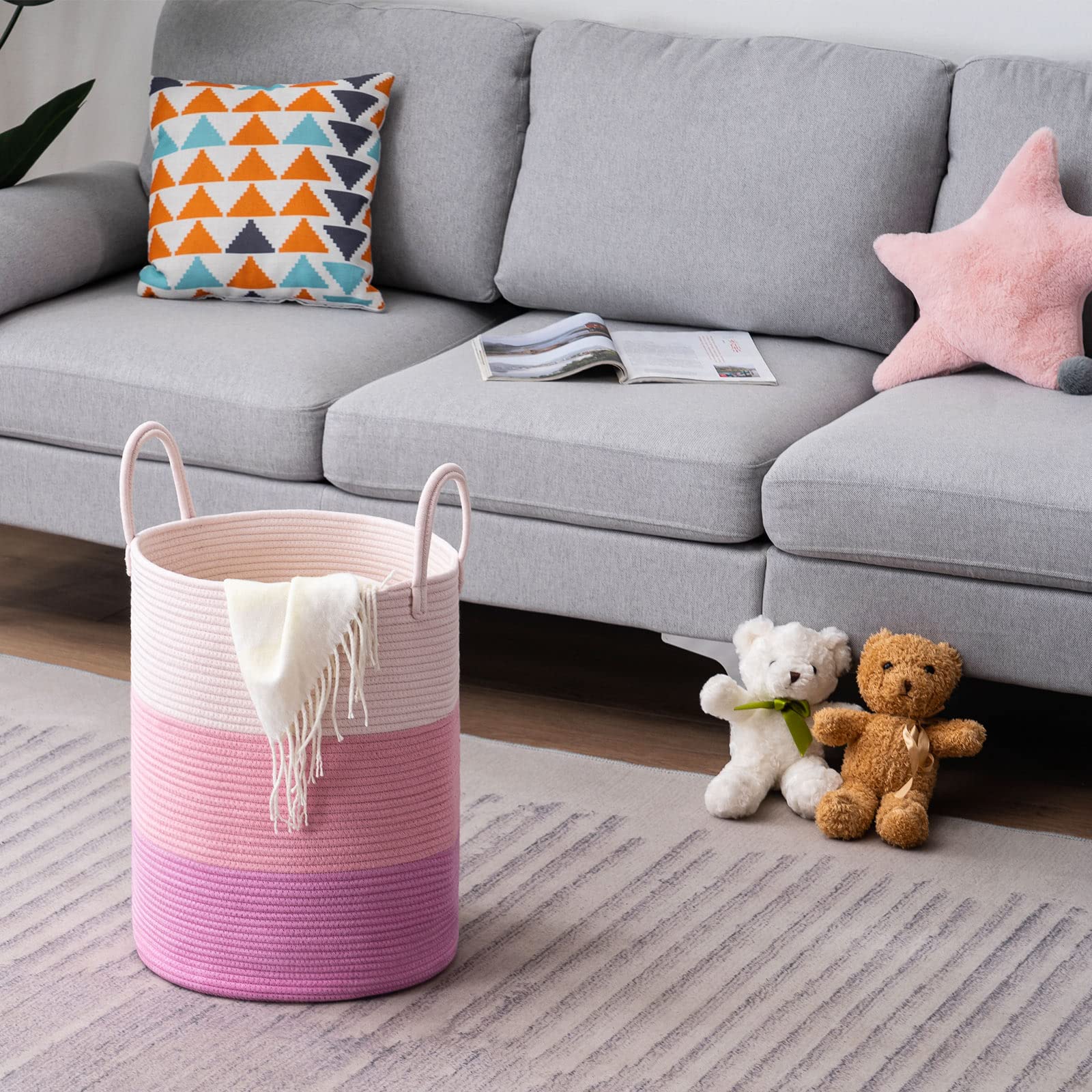 Large Pink Woven Rope Laundry Hamper Basket - 58L Tall Nursery Hamper for Baby Blankets, Clothes Storage & Bedroom Organization - Perfect for Nursery, Dorm Room & Laundry Room Organization