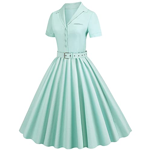 Vintage 1950s Rockabilly Dresses for Women - Cape Collar Swing Dress with Belt, Button Up Midi Evening Gown for Prom, Party & Retro Fashion