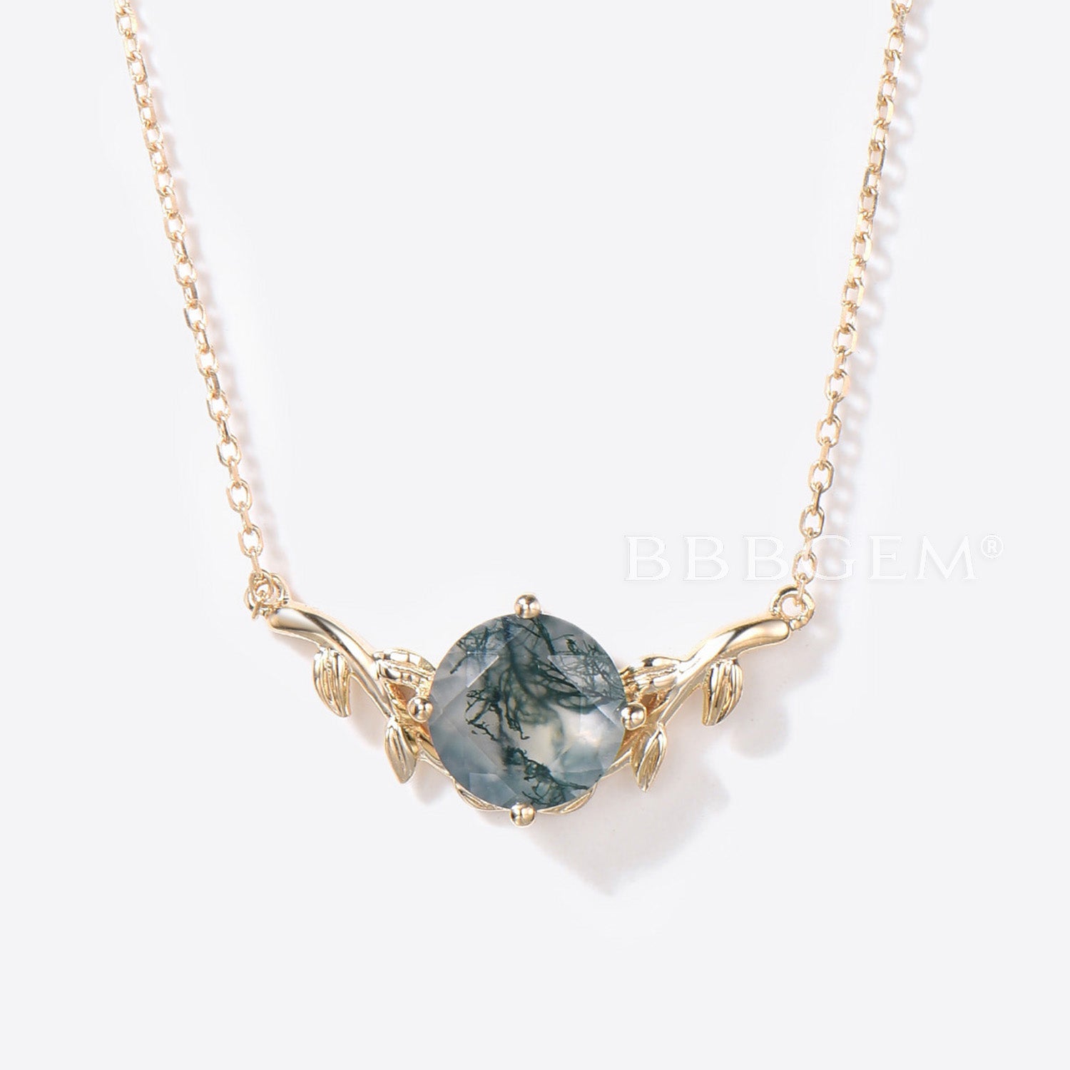 8mm Round Moss Agate Necklace - Nature Inspired Branch Leaf Pendant in Yellow Gold - Green Moss Agate Jewelry for Women - Perfect Birthday Gift for Nature Lovers & Boho Style