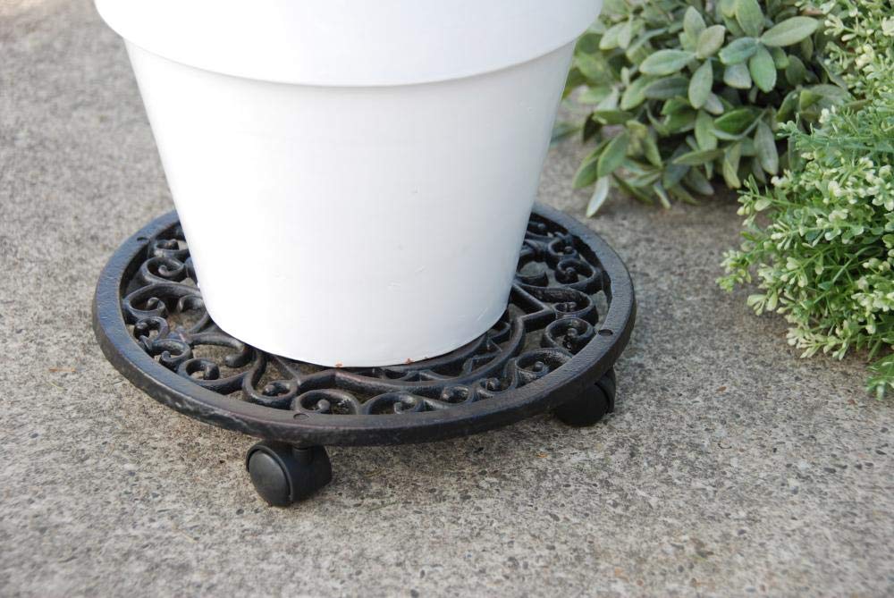 Esschert Design Cast Iron Round Plant Trolley - Heavy Duty Garden Cart for Indoor/Outdoor Plants, Flowers & Gardening Supplies - Perfect for Patio, Balcony & Greenhouse Use