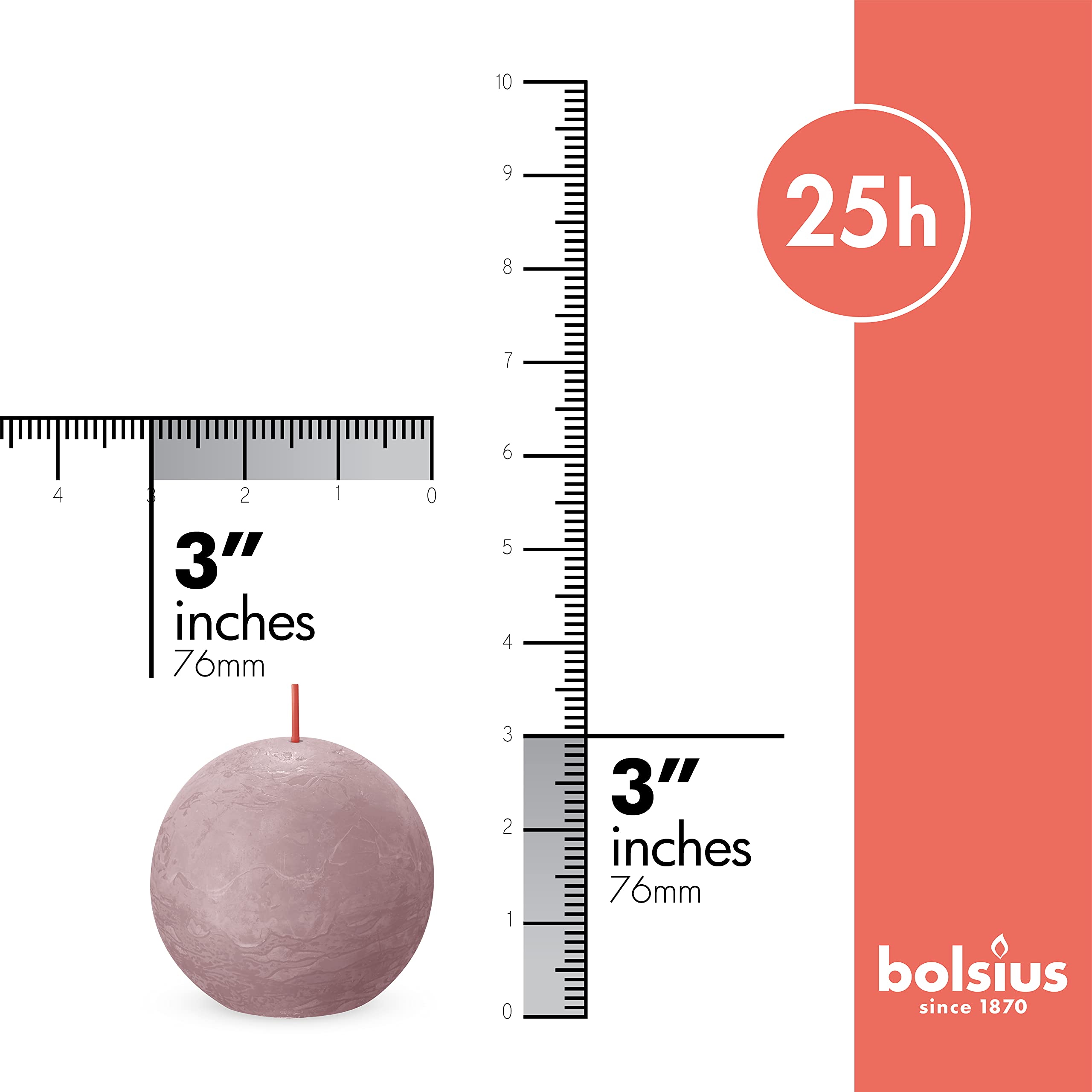 BOLSIUS 3-Pack Ash Rose Rustic Ball Pillar Candles - 3 Inch Unscented Dripless Smokeless Candles - Premium European Quality with Natural Plant-Based Wax - 25 Hour Burn Time - Perfect for Wedding Centerpieces, Romantic Dinner Decor, and Party Lighting