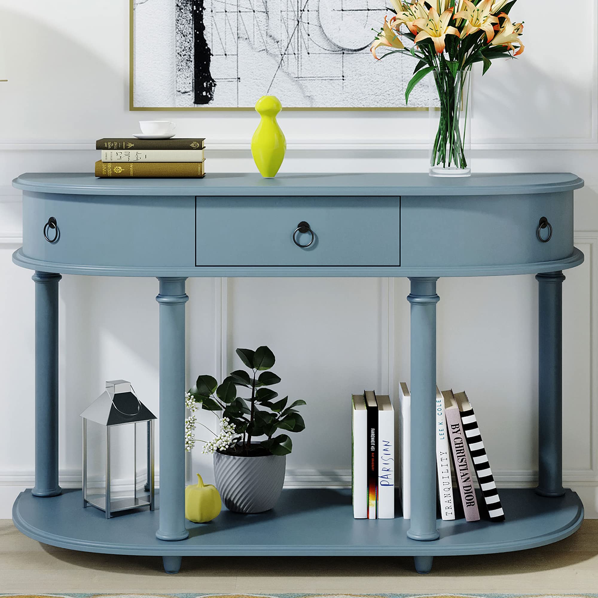 Vintage Round Curved Console Table with Drawer & Bottom Shelf - Retro Sofa Table for Entryway, Hallway & Living Room - Antique Style Sideboard with Storage for Home Decor