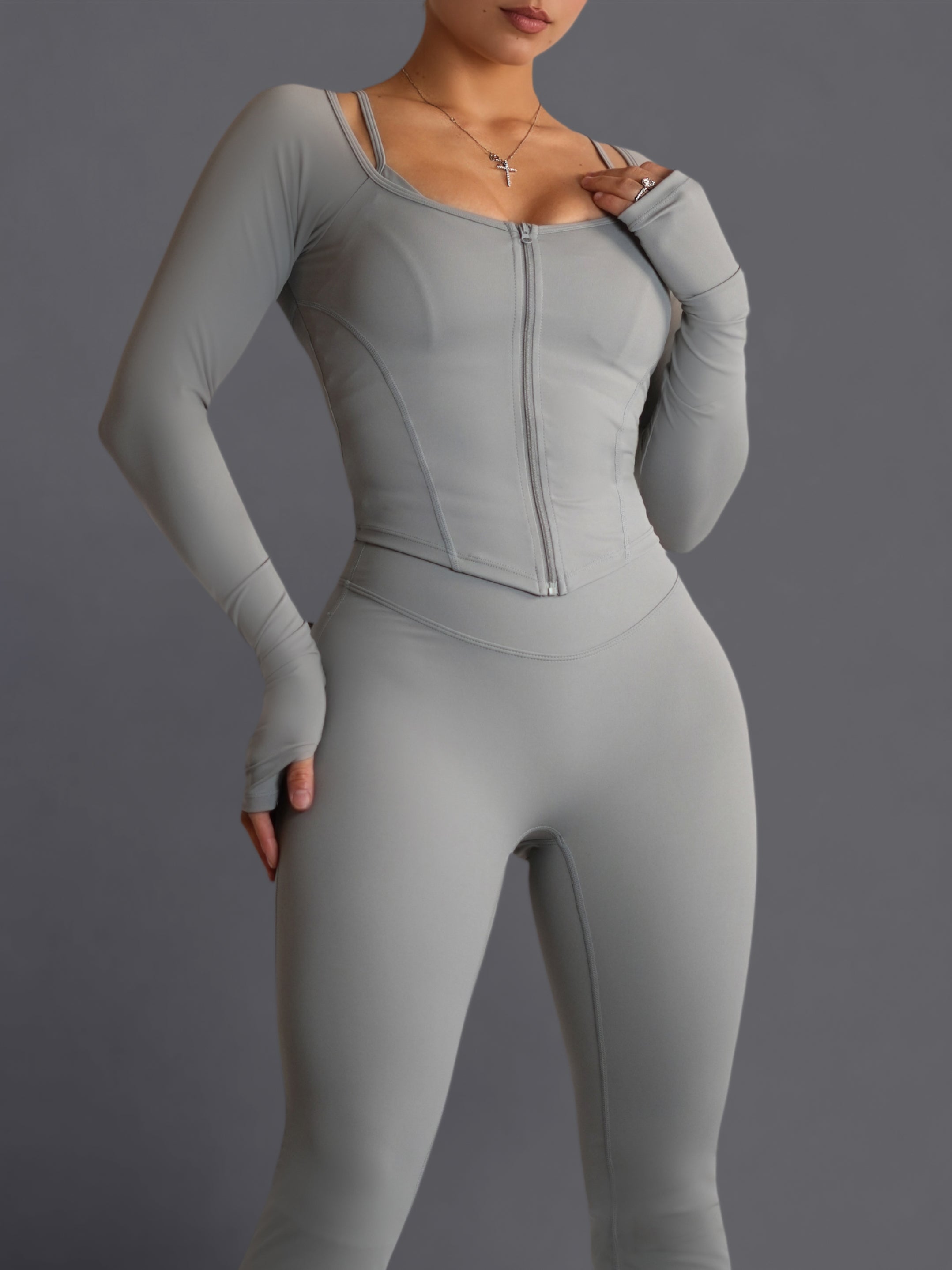 Bratty Women's Compression Jacket - Misty Gray - Athletic Workout Top for Running, Yoga & Gym Performance