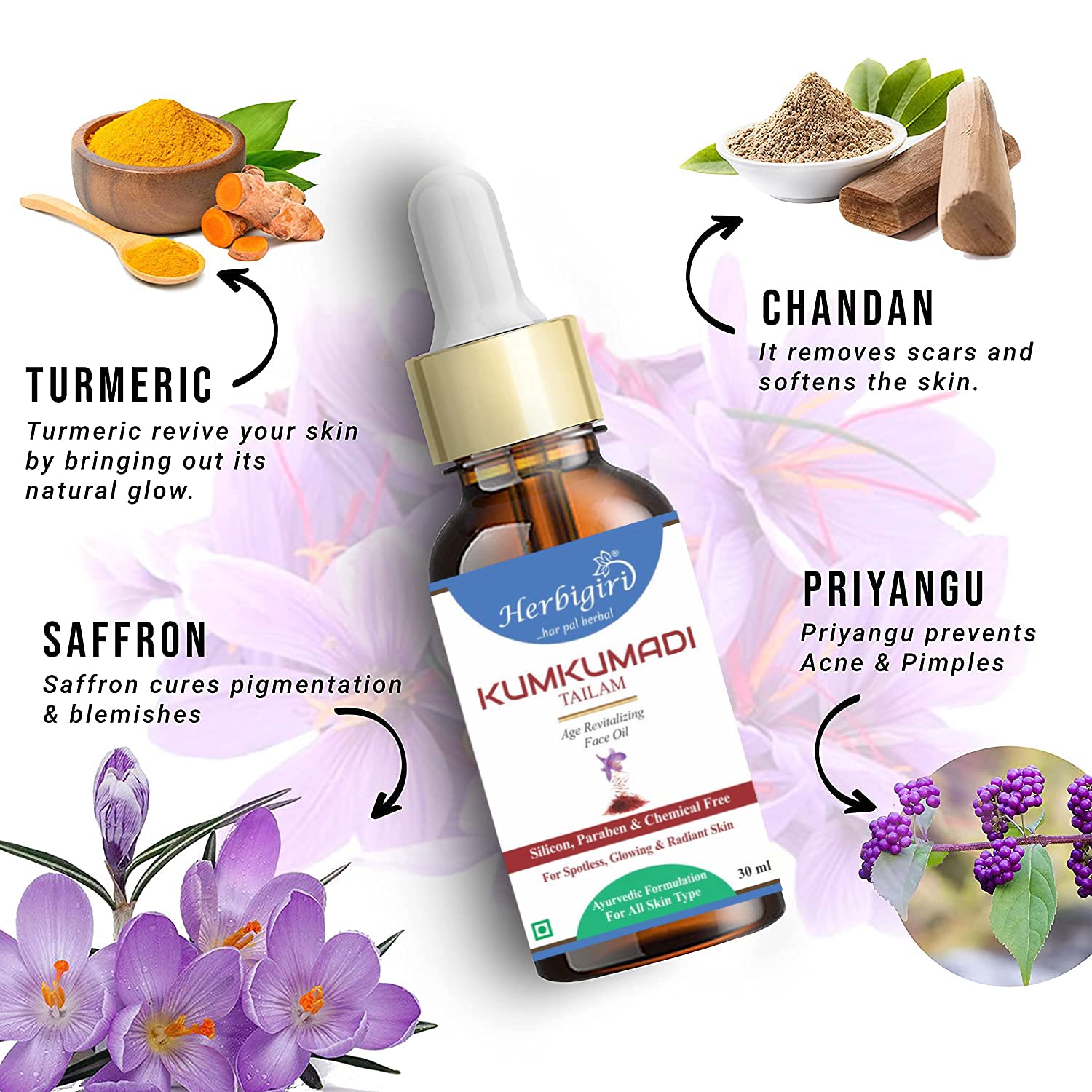 HERBIGIRI Ayurvedic Kumkumadi Tailam - Anti-Aging Face Oil for Brightening, Whitening, Wrinkles, Fine Lines & Pigmentation - Natural Skincare for Men & Women (30ml) - Perfect for Nighttime Routine & Daily Glow Boost