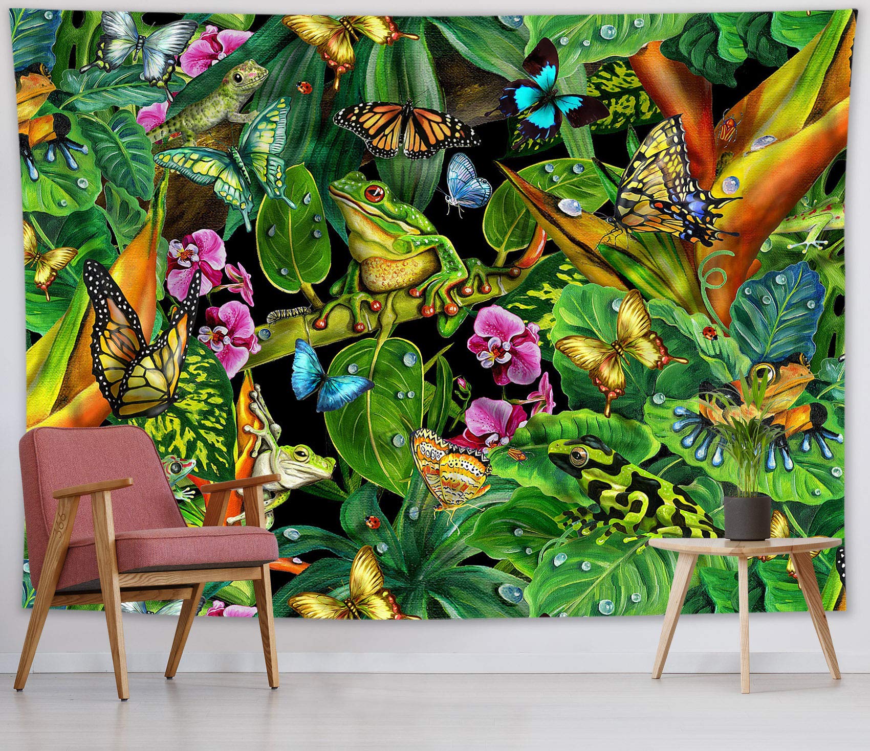 HVEST Tropical Rainforest Tapestry - Frog, Butterfly, Green Leaf Design - 59x51 Inch Wall Hanging for Bedroom, Living Room, Dorm Decor - Perfect for Indie Style, Party Backdrop, and Cozy Home Atmosphere
