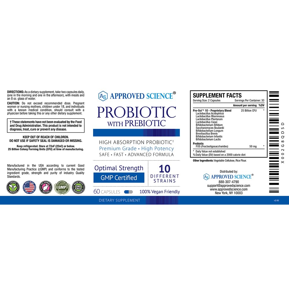 Approved Science Probiotic with Prebiotic Supplement - 10 Strains, 25 Billion CFU - 3 Bottle Vegan Bundle for Digestive & Immune Support - Daily Gut Health for Women & Men