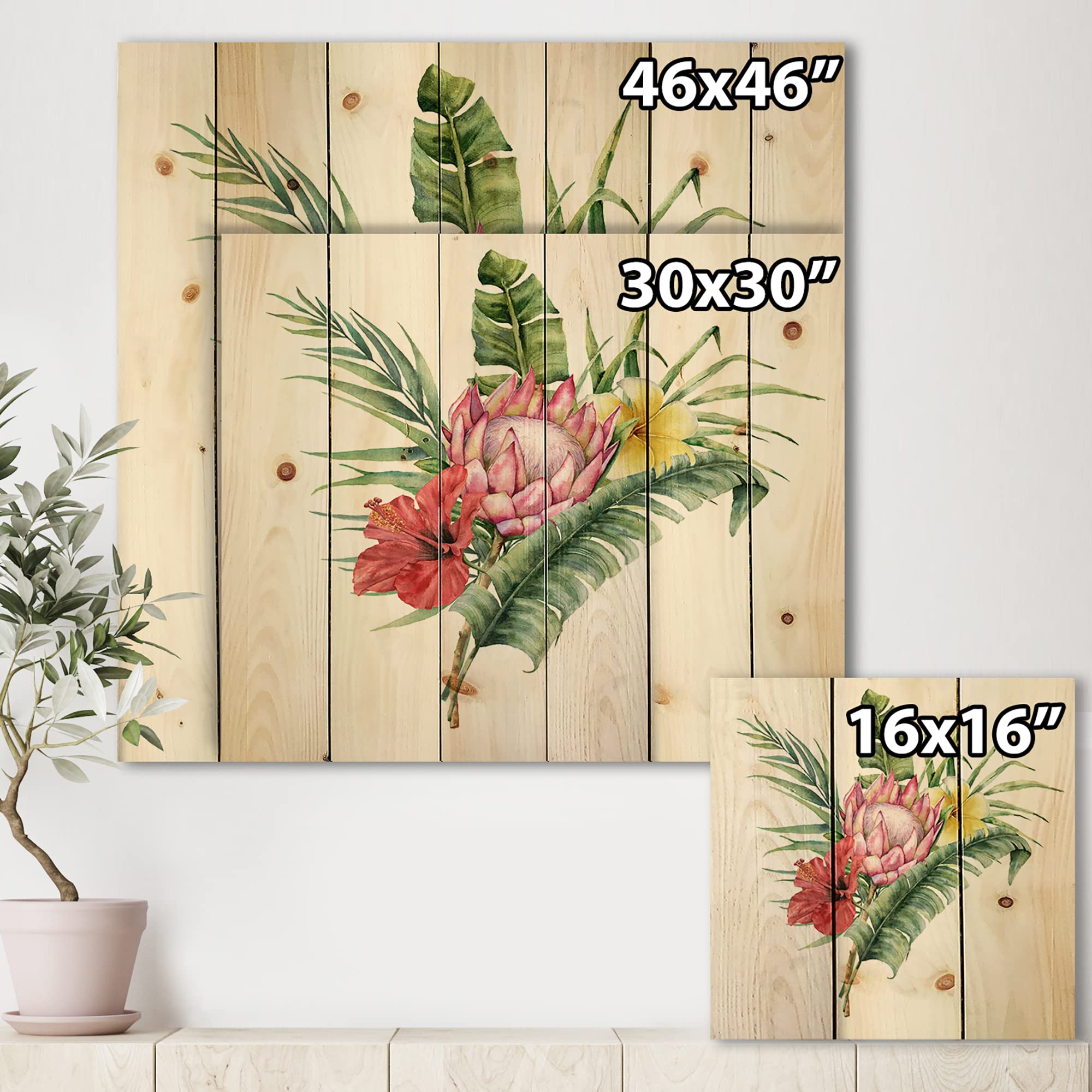 Handmade Protea Hibiscus Plumeria Floral Wood Wall Art - Large Traditional Red Wood Wall Decor with Printed Bouquet Design on Natural Pine - Perfect for Living Room, Bedroom, or Office Decoration