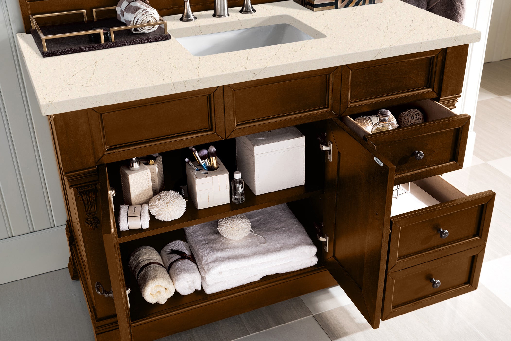 Brookfield 48 Inch Single Bathroom Vanity with Country Oak Finish & 3CM Eternal Marfil Quartz Countertop - Perfect for Modern Farmhouse, Rustic, or Traditional Bathroom Decor