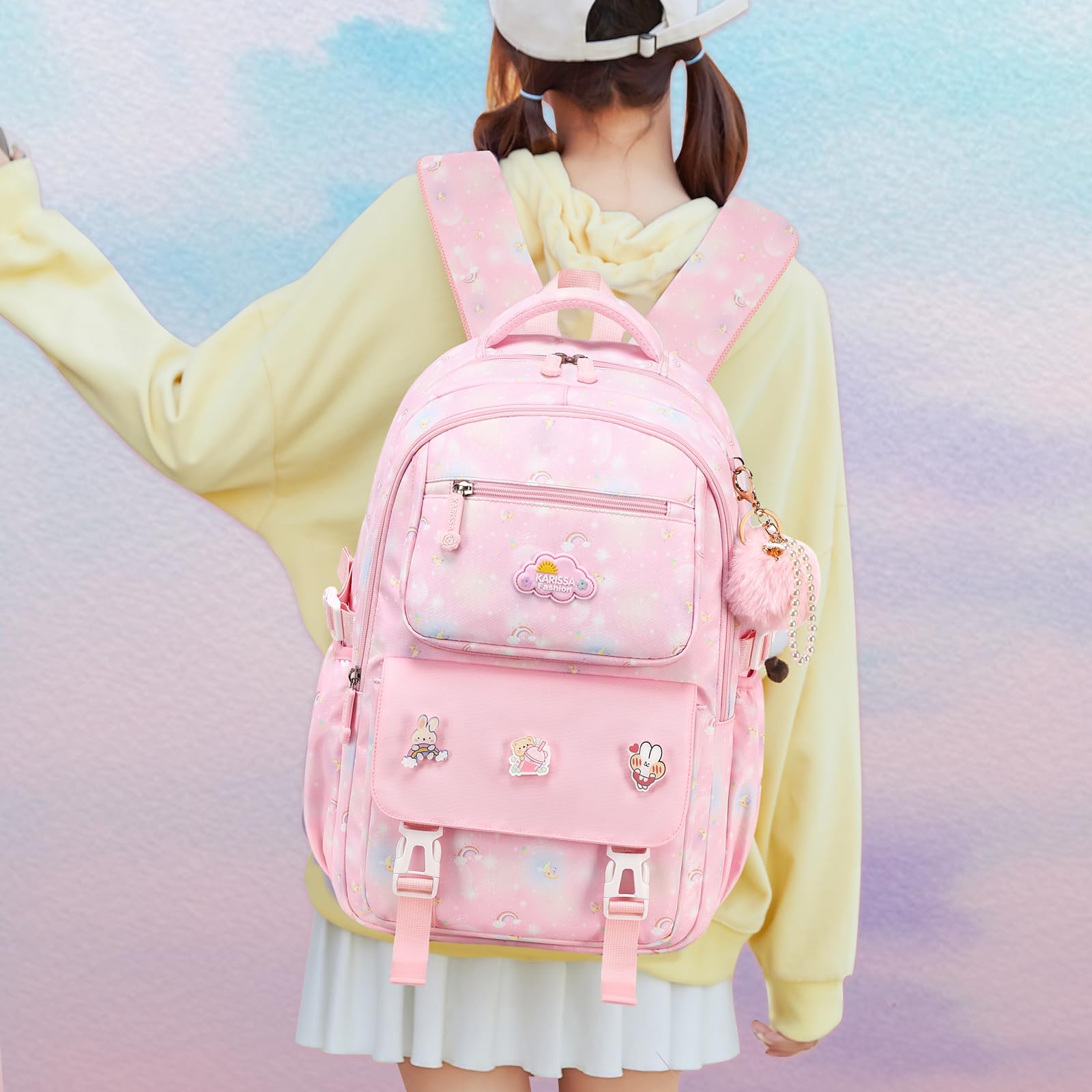 Stylish 15.6 Inch Waterproof School Backpack for Girls Ages 6-12 - Large Capacity Pink Kids Backpack for School, Travel & Daily Use