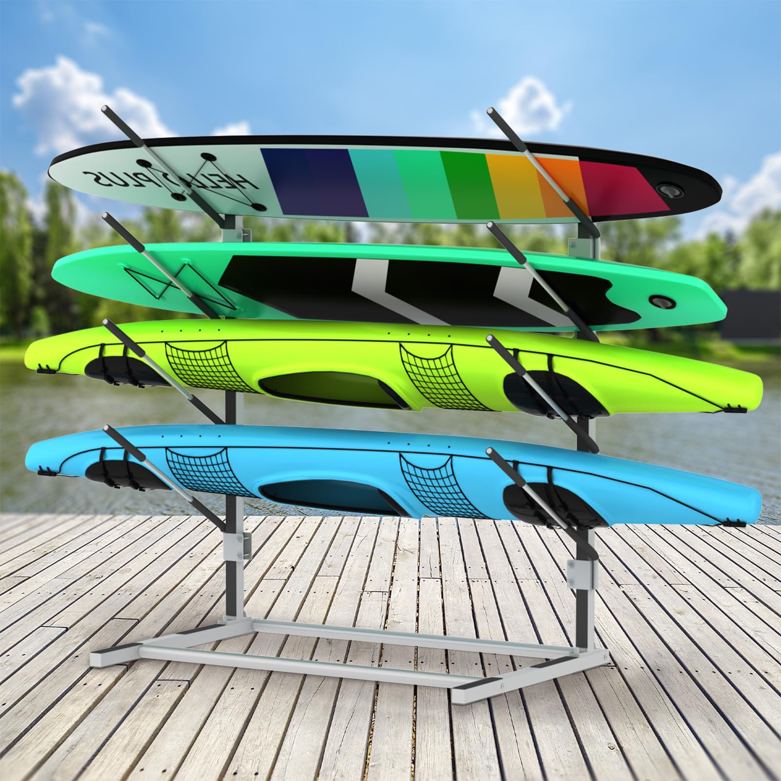 Adjustable Kayak and Paddle Board Storage Rack - Freestanding Surfboard Holder for Indoor & Outdoor Use - Perfect for Garage, Shed, Dock, and Backyard Organization