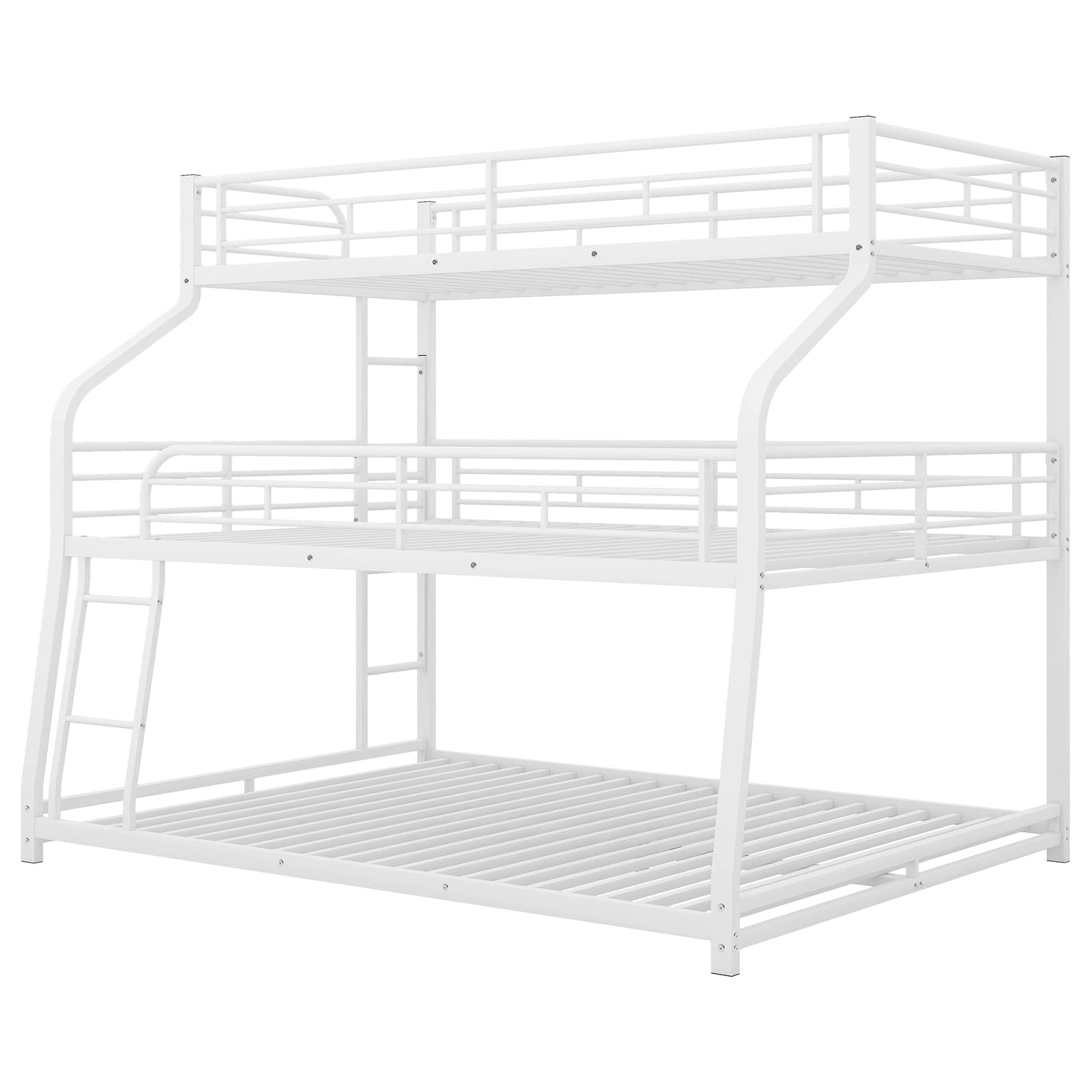 Hommoo Twin Over Full Over Queen Triple Bunk Bed with 2 Ladders - Sturdy Metal Steel Frame - Space Saving 3 Tier Bunk Bed for Kids & Adults - White - Perfect for Dormitories, Hostels & Small Bedrooms