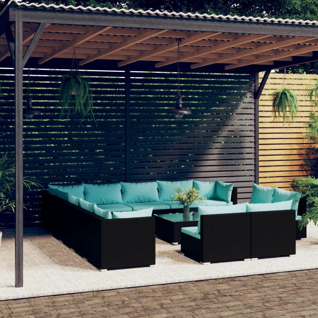 vidaXL 14-Piece Patio Lounge Set with Black Poly Rattan - Water-Resistant, Stylish & Comfortable Outdoor Furniture with Cushions for Patio, Balcony, Garden, Poolside | Perfect for Backyard Relaxation, Outdoor Entertaining and Summer Lounging