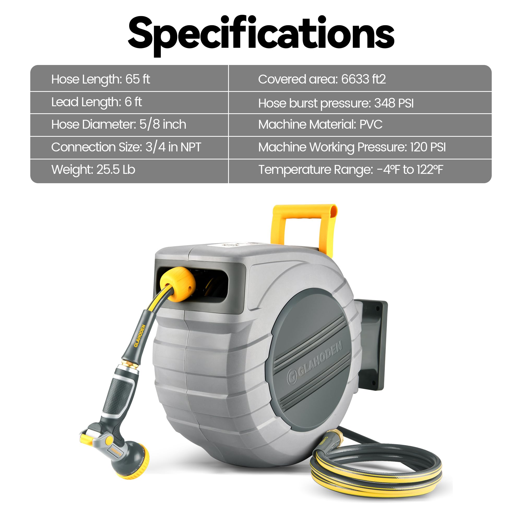 2025 Upgraded 65ft Retractable Garden Hose Reel with Dual Ratchet Lock - 5/8 Inch Heavy Duty Expandable Hose with UV & Freeze Protection, Brass Seal, Slow Retraction & Anti-Tangle Design - 180° Swivel Wall Mount for Lawn, Yard, Car Washing & Outdoor Watering