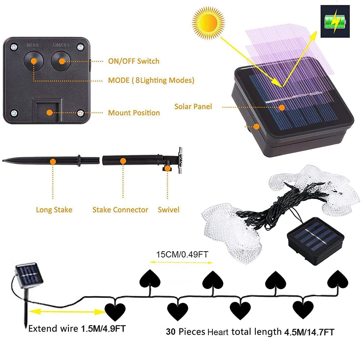 Solar Heart String Lights - 20ft Waterproof 30 LED Heart-Shaped Outdoor Lights with 8 Lighting Modes | Solar Powered Fairy Lights for Garden, Pathway, Wedding, Party & Christmas Decor (Warm White) | Perfect for Romantic Backyard, Patio, and Holiday Celebrations