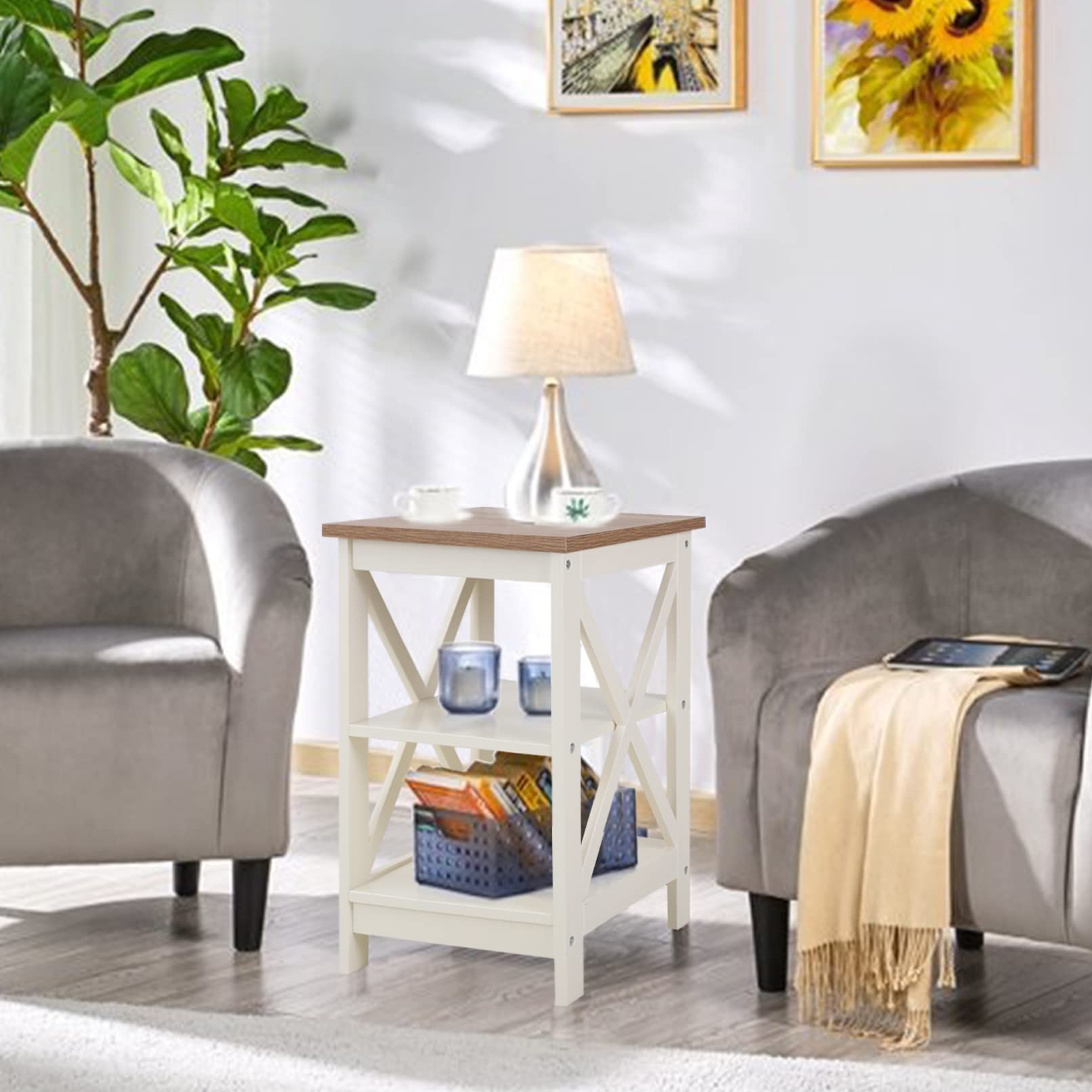 PHI VILLA Set of 2 Farmhouse End Tables - Ivory White Nightstand & Bedside Table for Living Room, Bedroom | Rustic Home Decor Accent Furniture for Small Spaces & Apartment