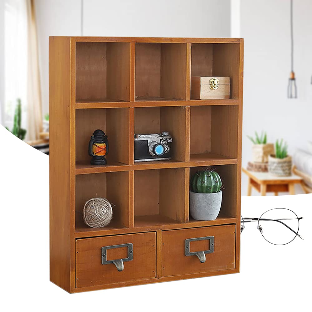 Vintage Wooden 9-Cube Display Shelf Organizer with 2 Drawers - Brown Desktop Storage Bookcase for Home Office, Living Room & Bedroom Organization | Wood Look Cubbies for Books, Decor & Supplies