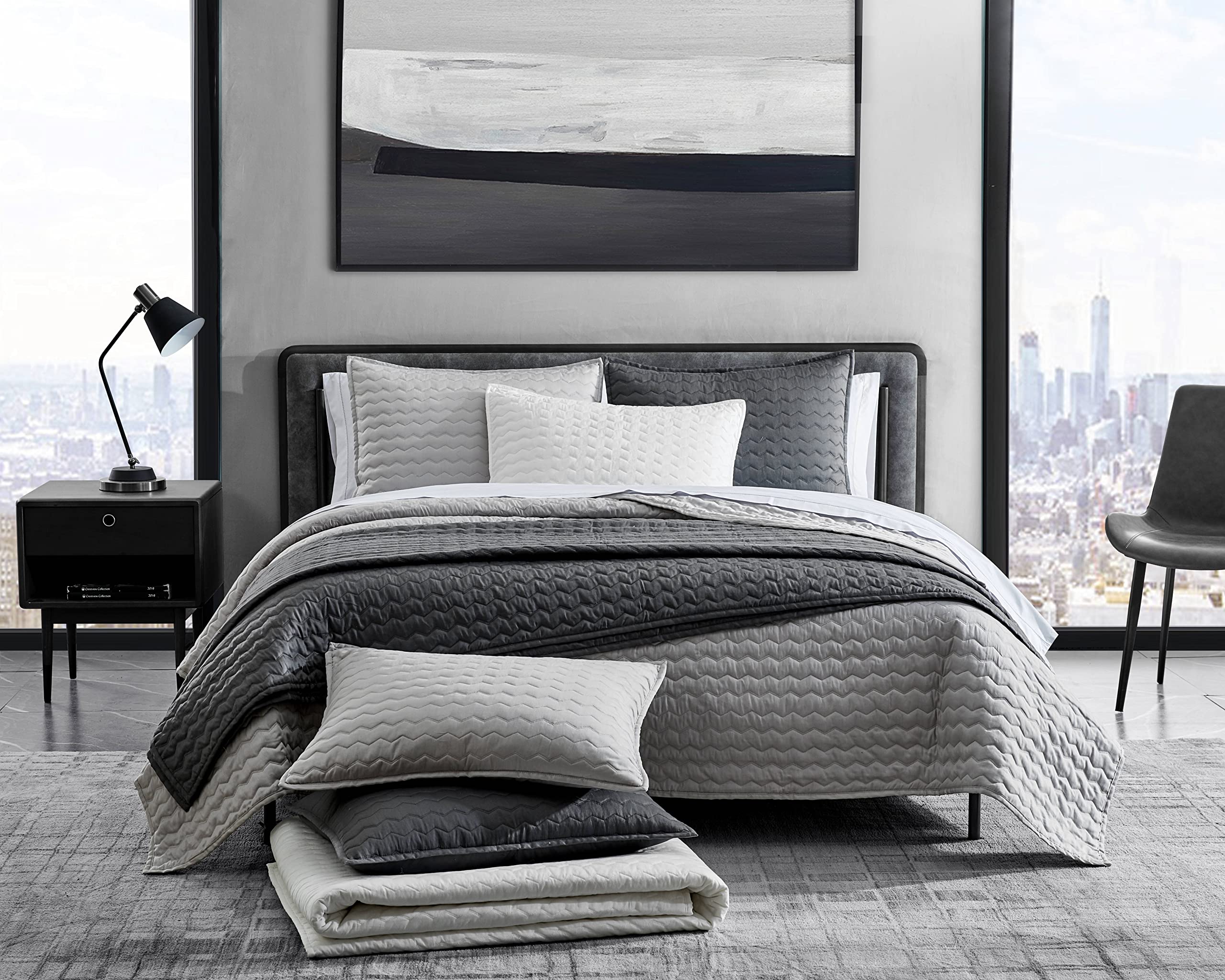 Vera Wang Queen Quilt Set - Luxury 100% Cotton Bedding Set with Matching Shams, Modern Herringbone Charcoal Grey Comforter for Master Bedroom & Guest Room Decor