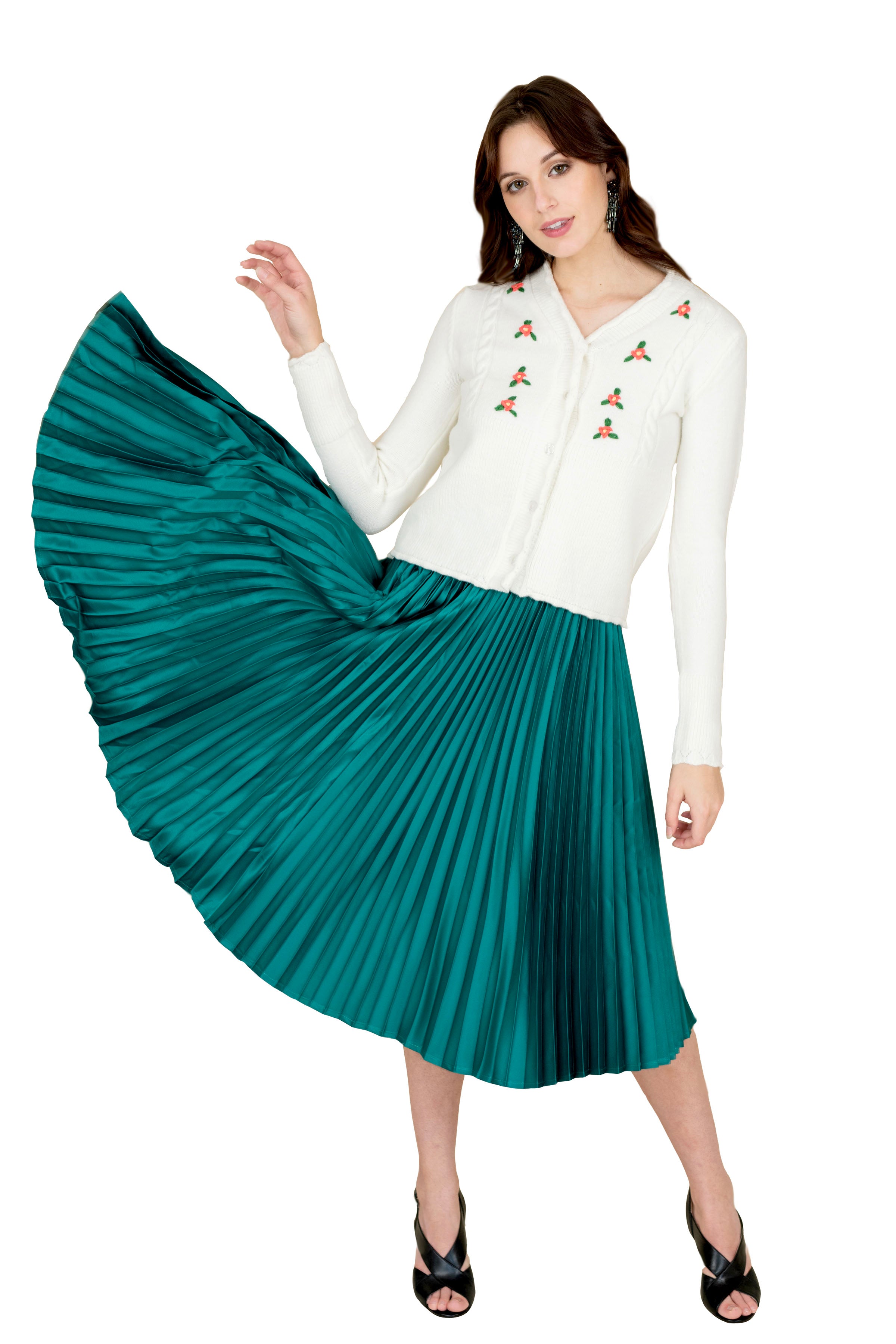 Women's Emerald Green Pleated Midi Skirt - Elegant A-Line Flowy Skirt for Casual & Office Wear | Perfect for Spring, Summer & Fall Outfits