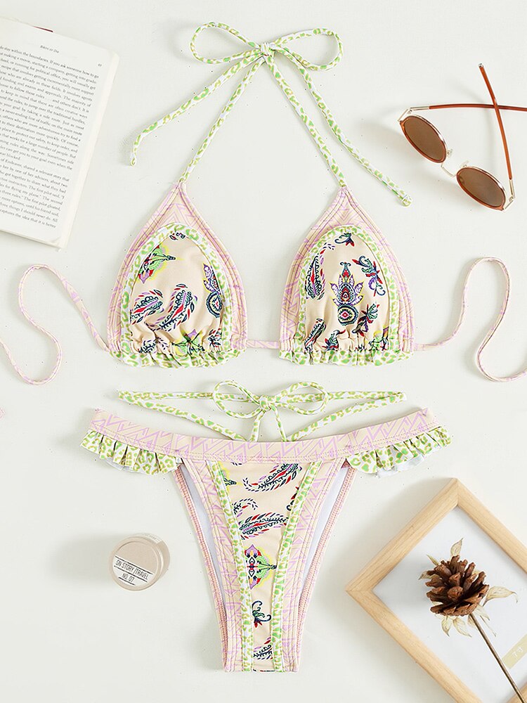 Sexy High Cut Lace Halter Bikini Set - Micro Folds Bathing Suit for Women | Perfect for Beach Vacation, Pool Party & Summer Swimwear