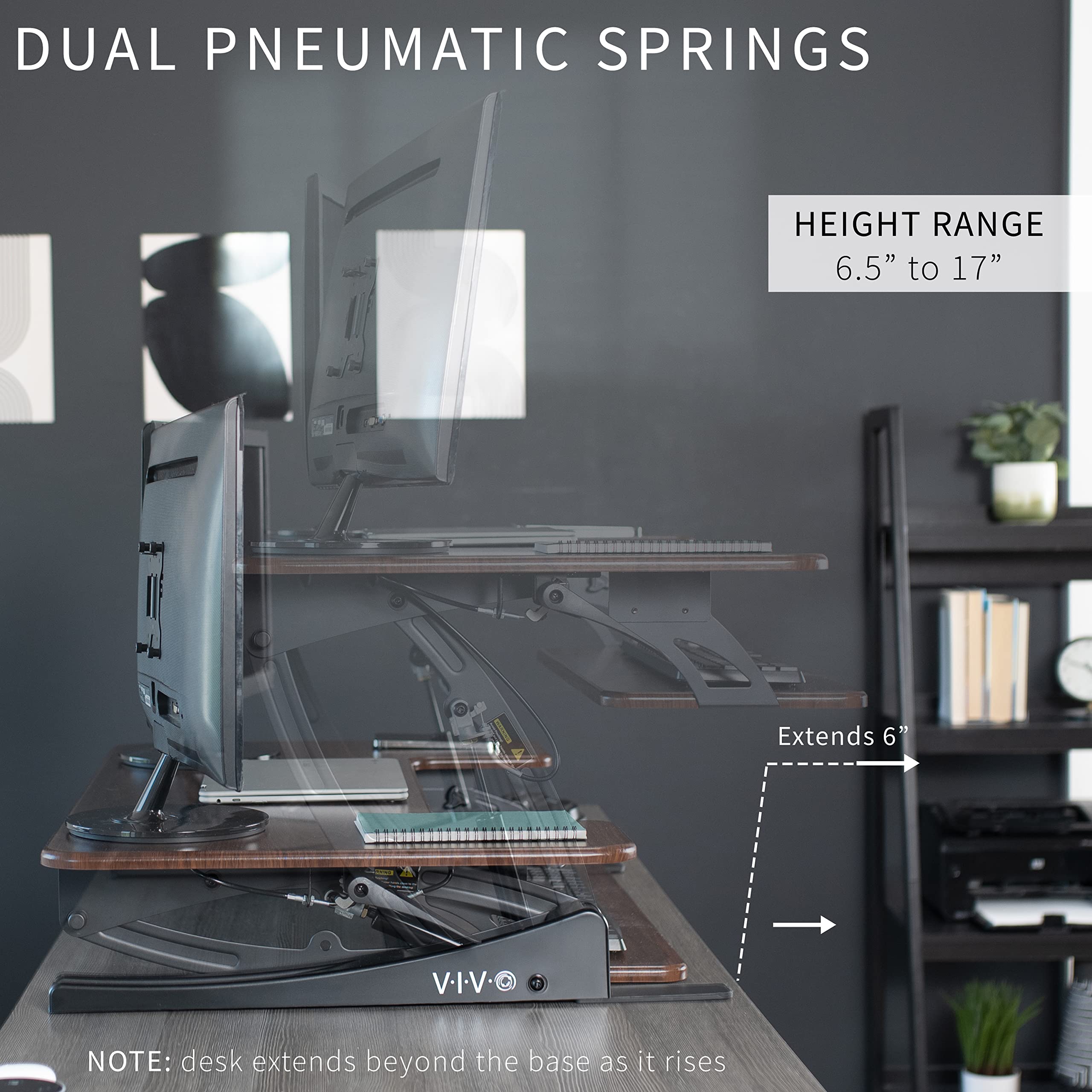 VIVO Dark Wood Height Adjustable 91cm Stand Up Desk Converter - Quick Sit to Stand Tabletop Dual Monitor Riser Workstation for Home & Office (DESK-V000VD) | Ergonomic Workspace Solution for Computer, Laptop & Monitor Setup