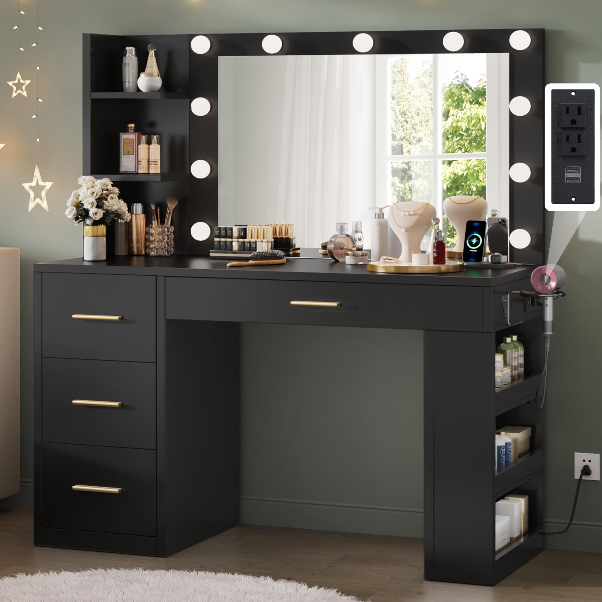 YITAHOME Vanity Desk with Mirror & LED Lights, Makeup Dressing Table with USB Charging Station, Large Vanity Set with 4 Drawers & 6 Storage Shelves, Black - Perfect for Bedroom, Dorm Room & Beauty Salon Organization