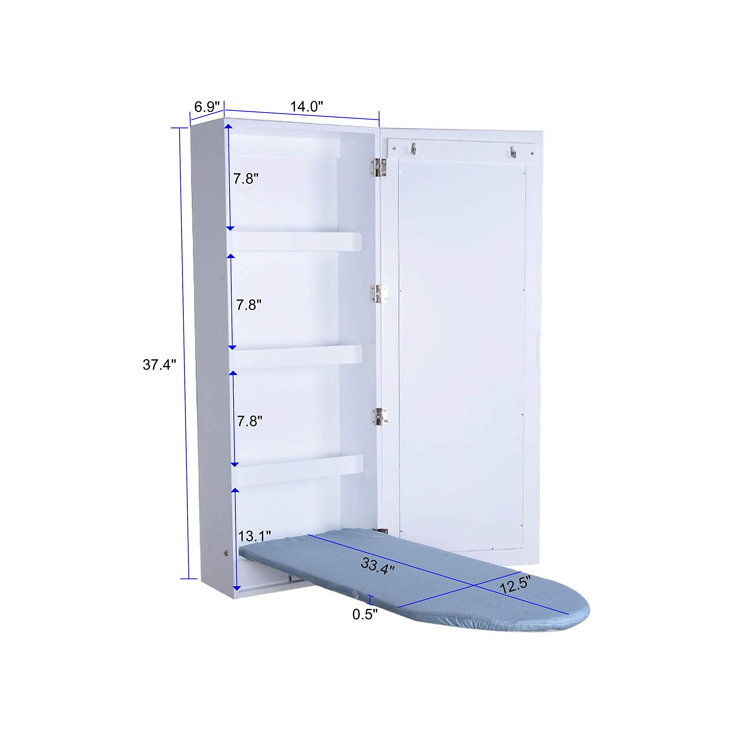 Wall Mounted Ironing Board Cabinet - Foldable Ironing Board with Storage & Mirror Door, Space Saving Laundry Room Organizer for Small Homes & Apartments (White)