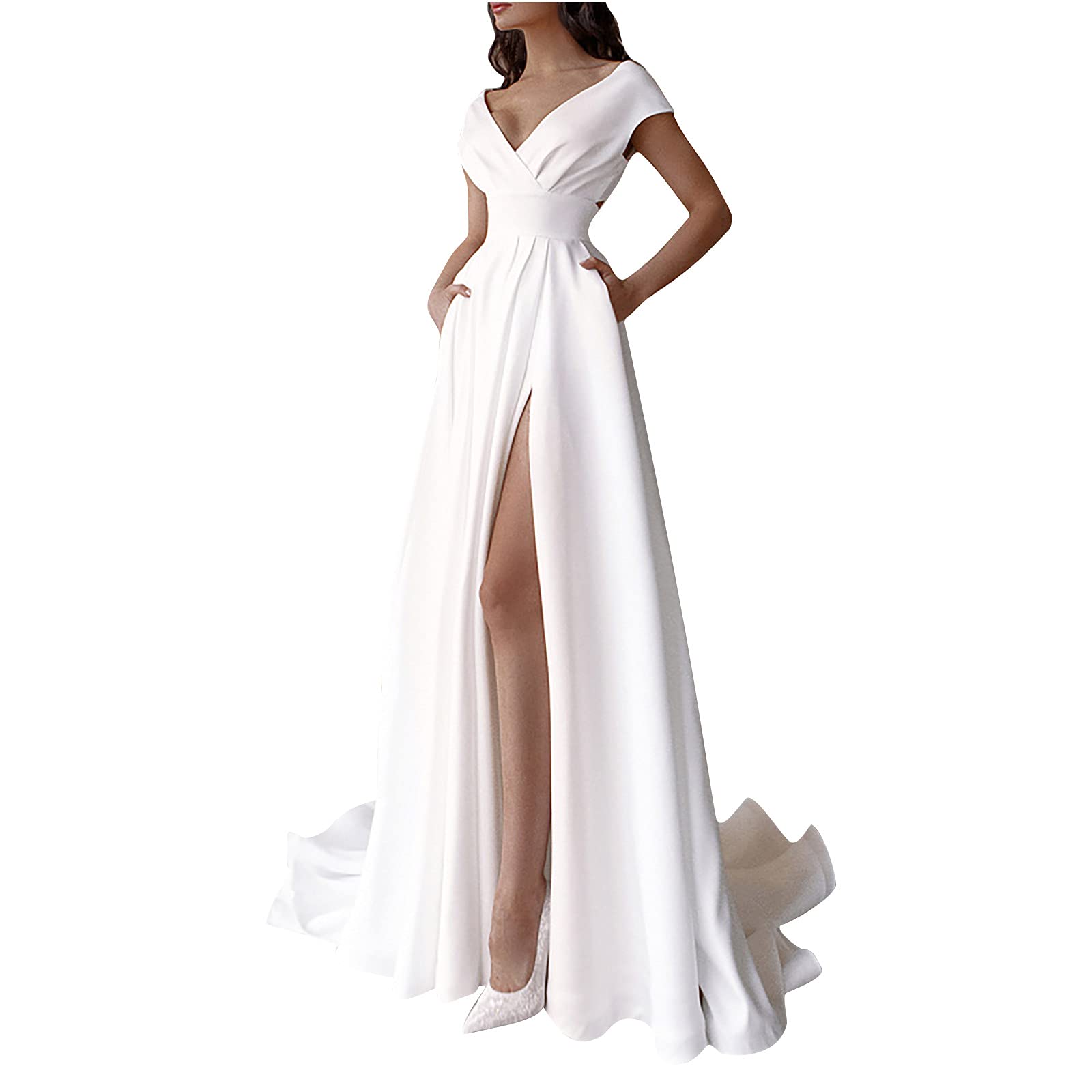 Elegant White Maxi Dress for Women - V-Neck Formal Gown with Sexy Side Slit for Wedding Guest, Party & Evening Events | Perfect for Summer Weddings, Cocktail Parties & Special Occasions