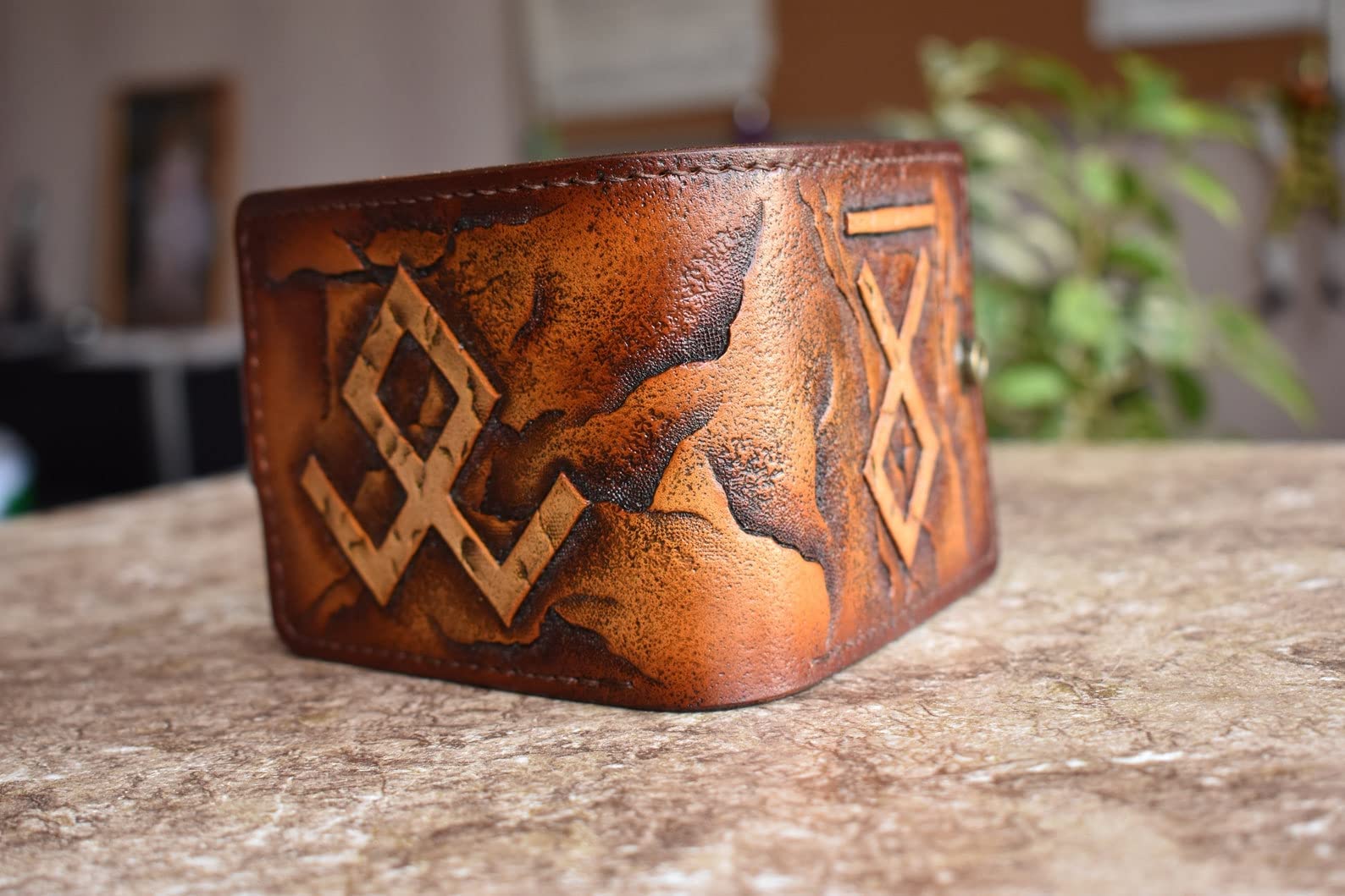 Handmade Men's 3D Genuine Leather Wallet - Custom Carved & Tooled Biker Wallet with Airbrush Art & Runes Design - Perfect for Motorcycle Enthusiasts & Gift Giving