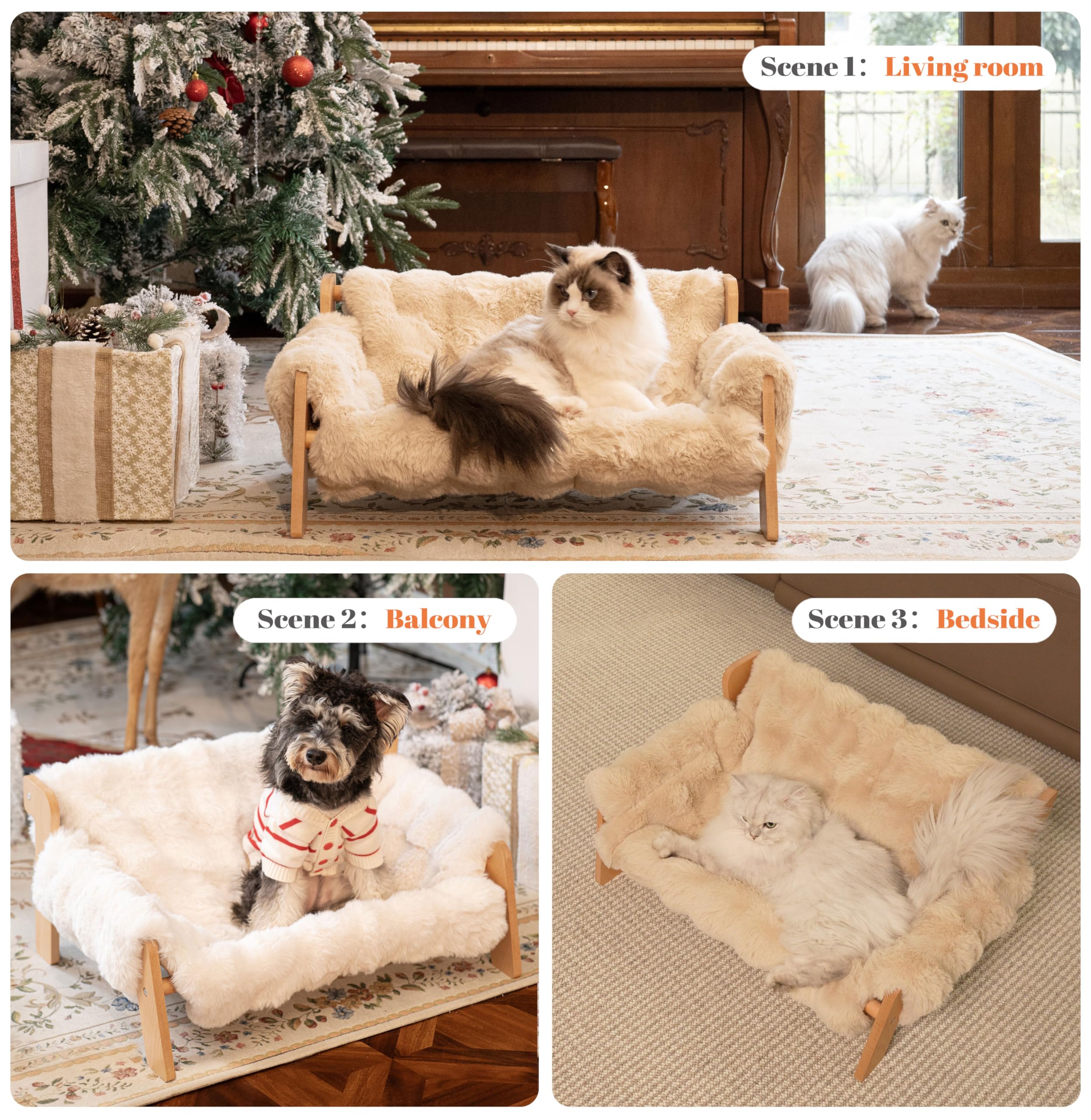 Elevated Cat Couch Bed for Indoor Cats - Fluffy Pet Sofa Recliner with Wooden Frame, Cozy Lounge Chair for Small & Medium Dogs - Perfect for Living Room, Bedroom & Pet Play Areas (Khaki)