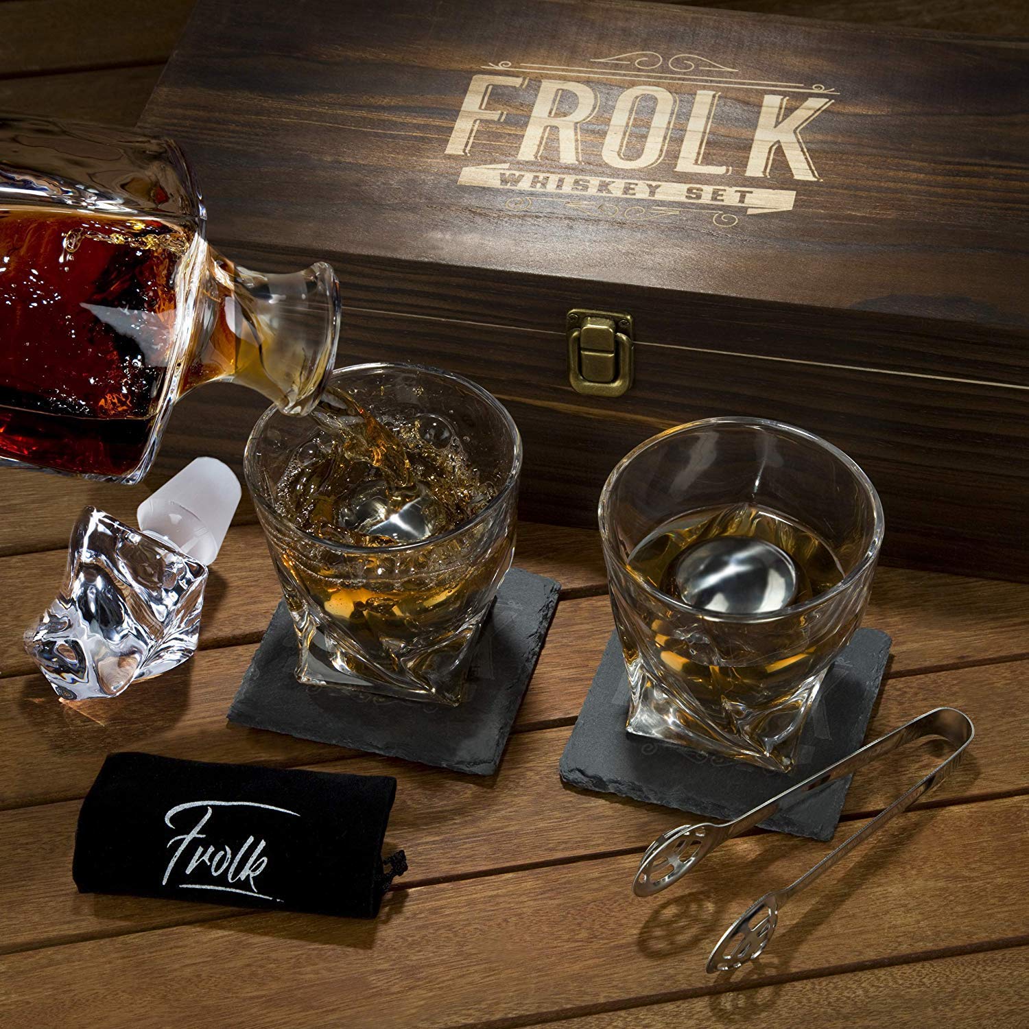 Premium Whiskey Decanter Set for Men - Elegant Twisted Bourbon Decanter with 2 Whiskey Glasses, 2 XL Stainless Steel Ice Balls, 2 Slate Coasters, Tongs & Freezer Pouch in Pinewood Gift Box - Perfect for Home Bars, Gifts & Whiskey Enthusiasts