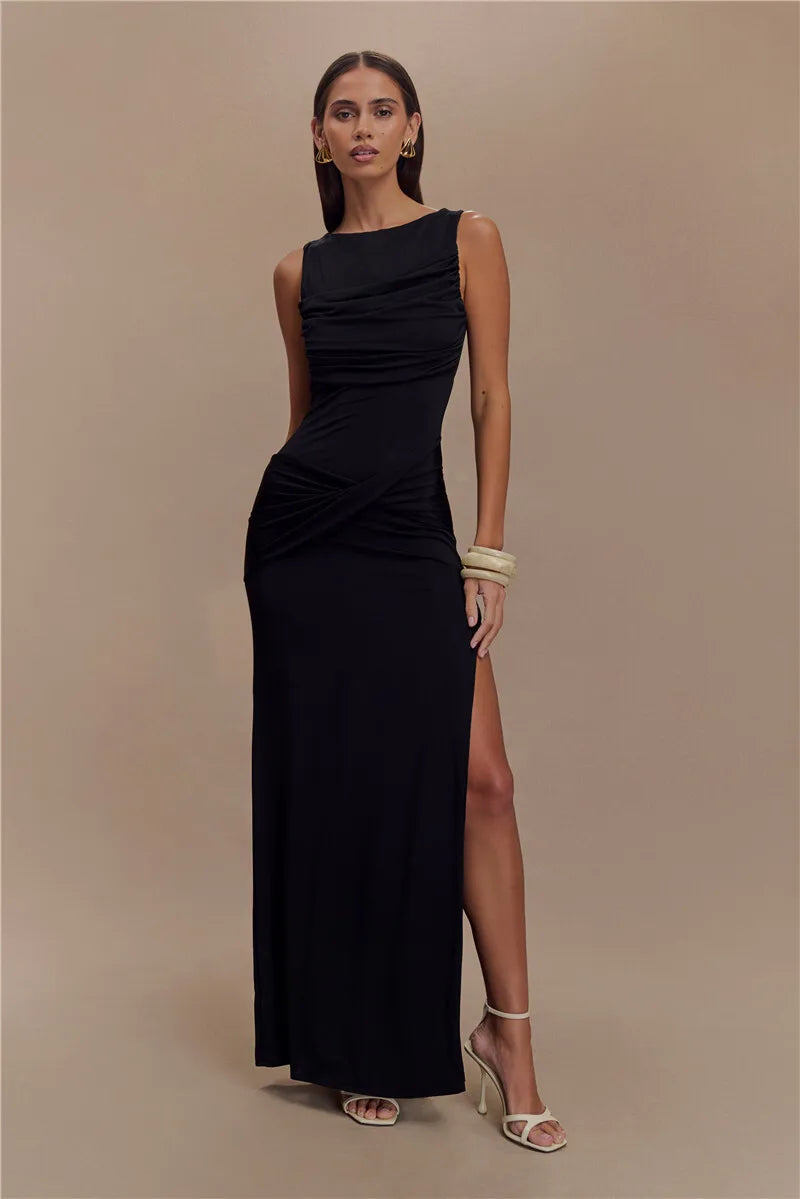 Sexy Backless Ruched Maxi Tank Dress for Women - Elegant O Neck Thigh High Split Bodycon Long Gown | Perfect for Summer Parties, Date Nights & Beach Vacations