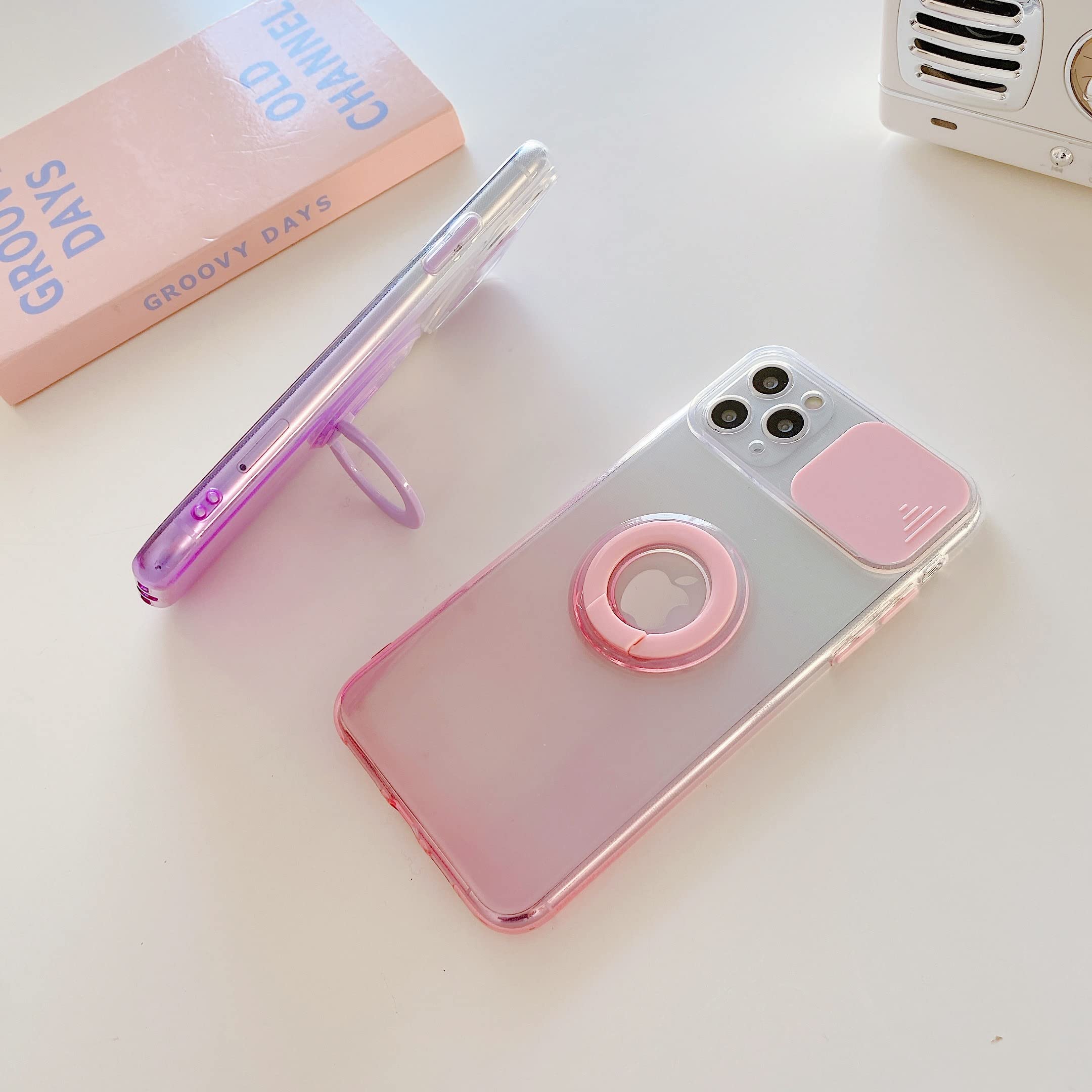 Gradient Color Crystal Case for iPhone 11 Pro Max - Soft TPU Silicone Shockproof Cover with Ring Holder, Slide Camera Lens Protection & Stand | Stylish Protective Phone Case for Everyday Use, Work & Travel