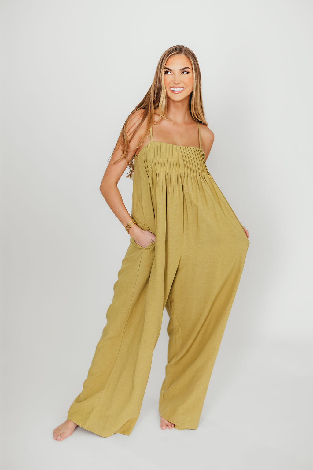 Adeline Pleated Jumpsuit for Women - Olive Green Wide Leg Romper with Pockets | Casual Chic Outfit for Brunch, Date Night & Summer Vacations