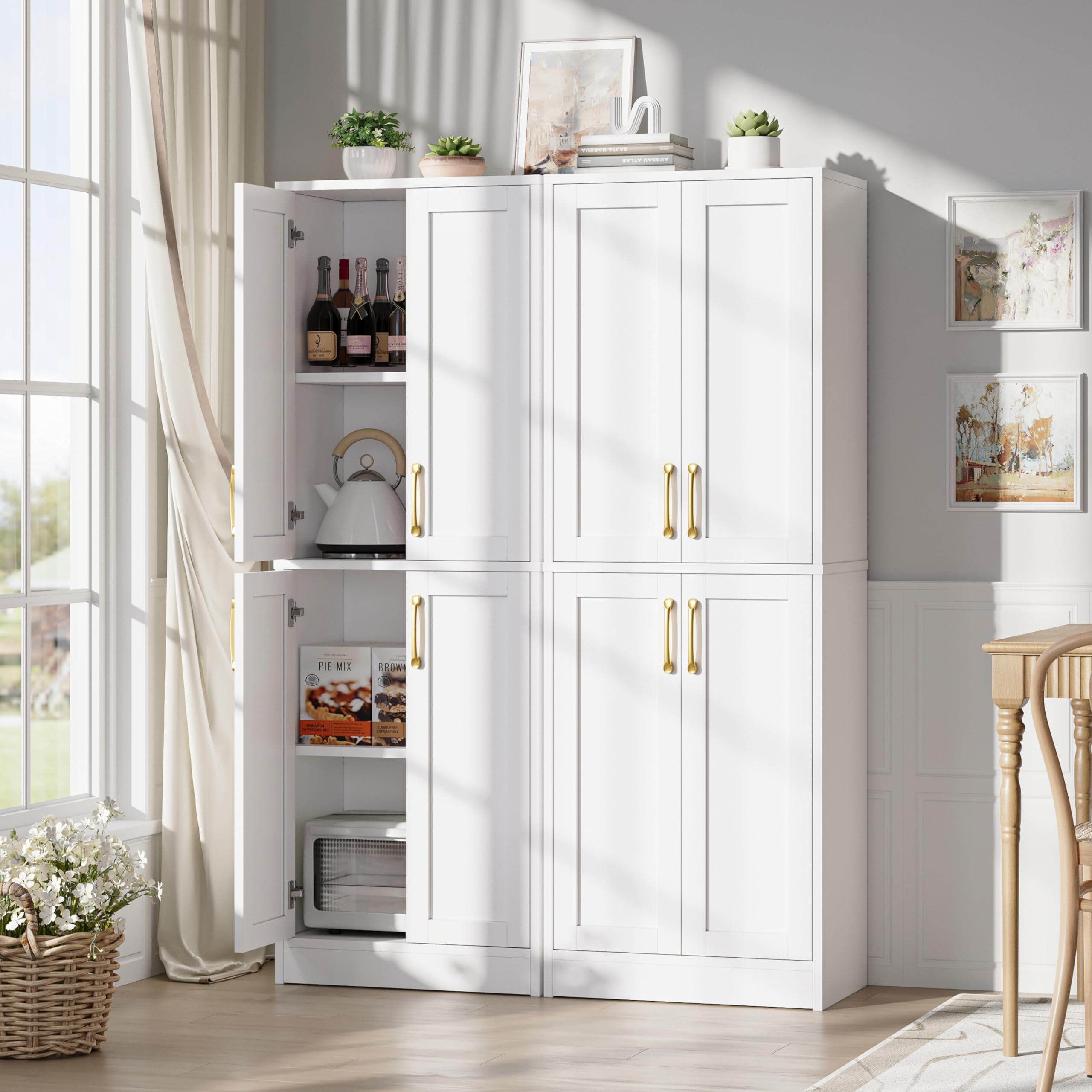 White 4-Door Kitchen Pantry Cabinet with Adjustable Shelves - Freestanding Storage Cupboard for Dining Room, Living Room, Laundry & Bathroom - Perfect for Organizing Food, Dishes, Linens and Household Supplies