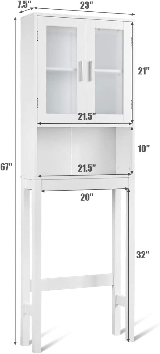 WATERJOY Over The Toilet Storage Cabinet - White Bathroom Organizer with 2 Tempered Glass Doors | Space-Saving Toilet Shelf for Bath Towels, Toiletries & Cleaning Supplies | Perfect for Small Bathrooms & Apartment Living