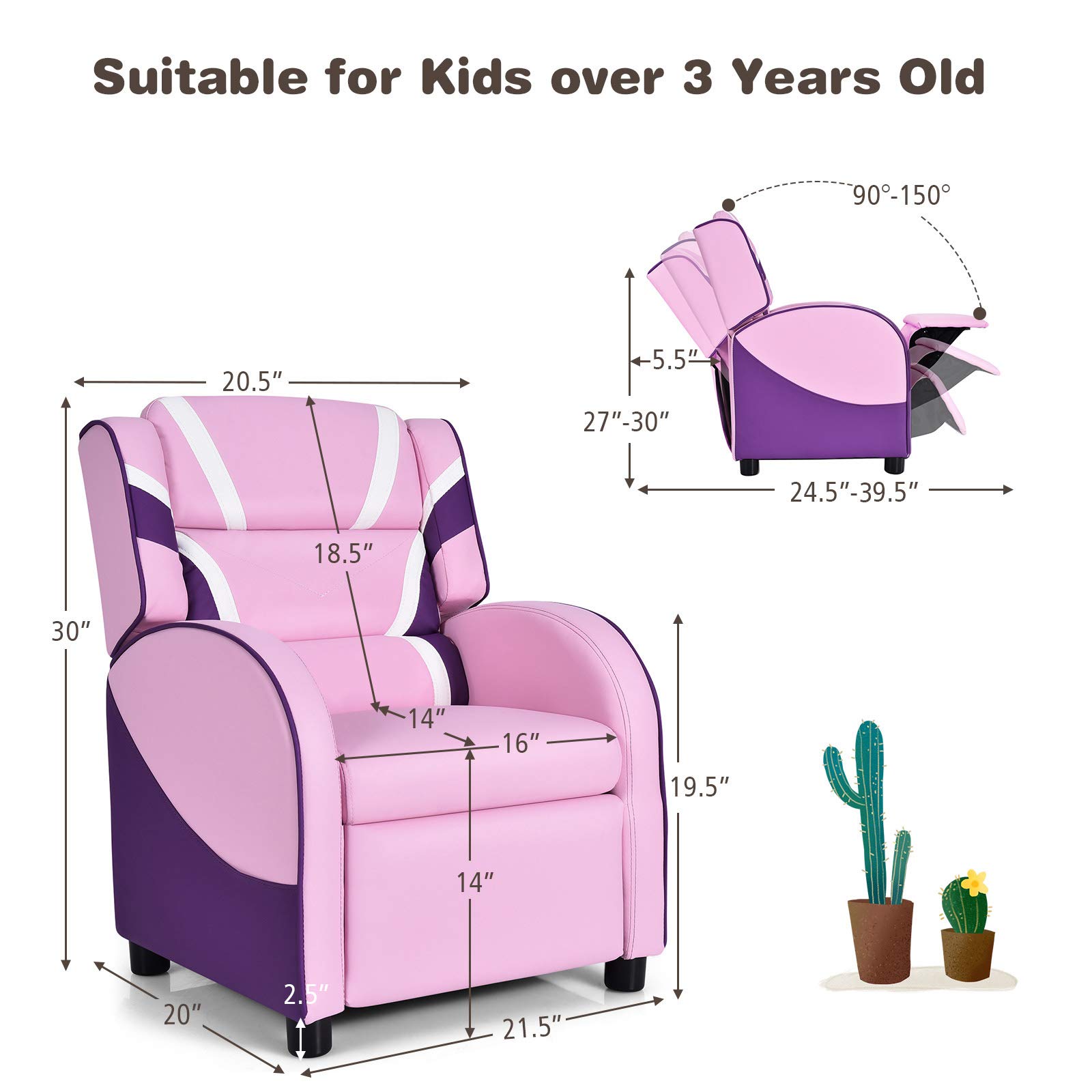 ARLIME Kids Recliner Chair - Adjustable PU Leather Lounge Chair with Footrest, Armrests & Lumbar Support - Comfortable Toddler Sofa for Boys & Girls (Pink) - Perfect for Reading, Gaming & Relaxing in Bedroom or Playroom