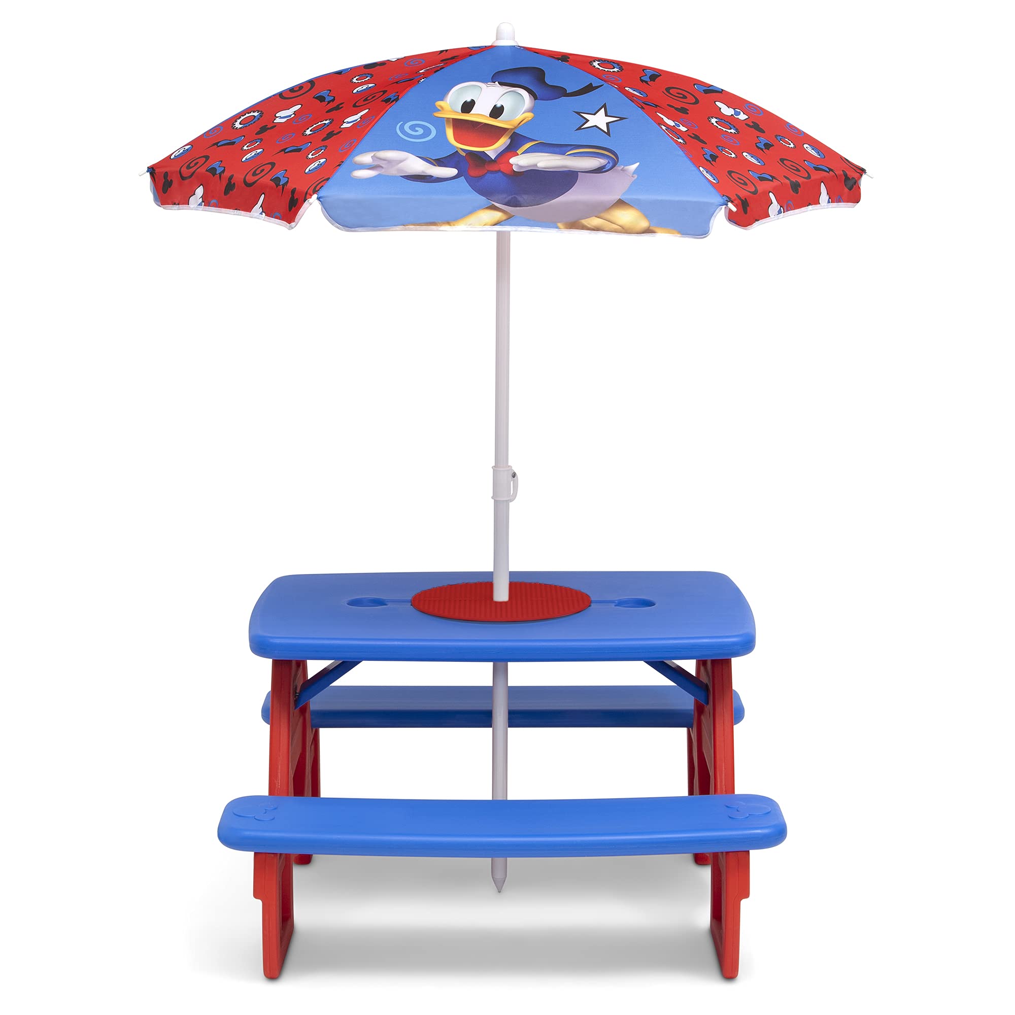 Disney Mickey Mouse 4-Seat Kids Picnic Table with Umbrella & LEGO-Compatible Tabletop - Outdoor Play, Birthday Parties, Backyard Fun by Delta Children