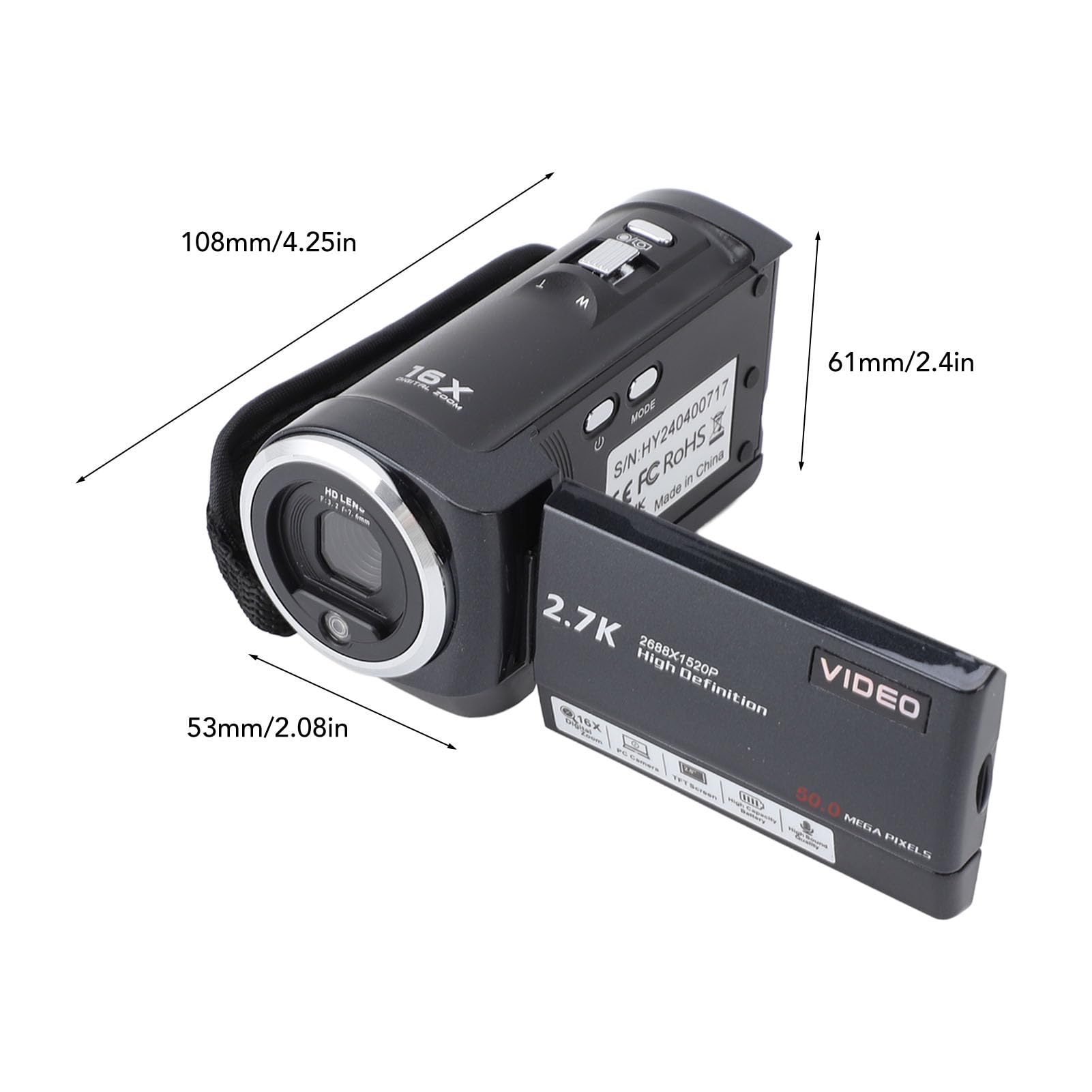 2.7K HD Video Camera Camcorder with 16x Digital Zoom & 50MP Resolution - Rotating Screen Vlogging Camera with 1/4