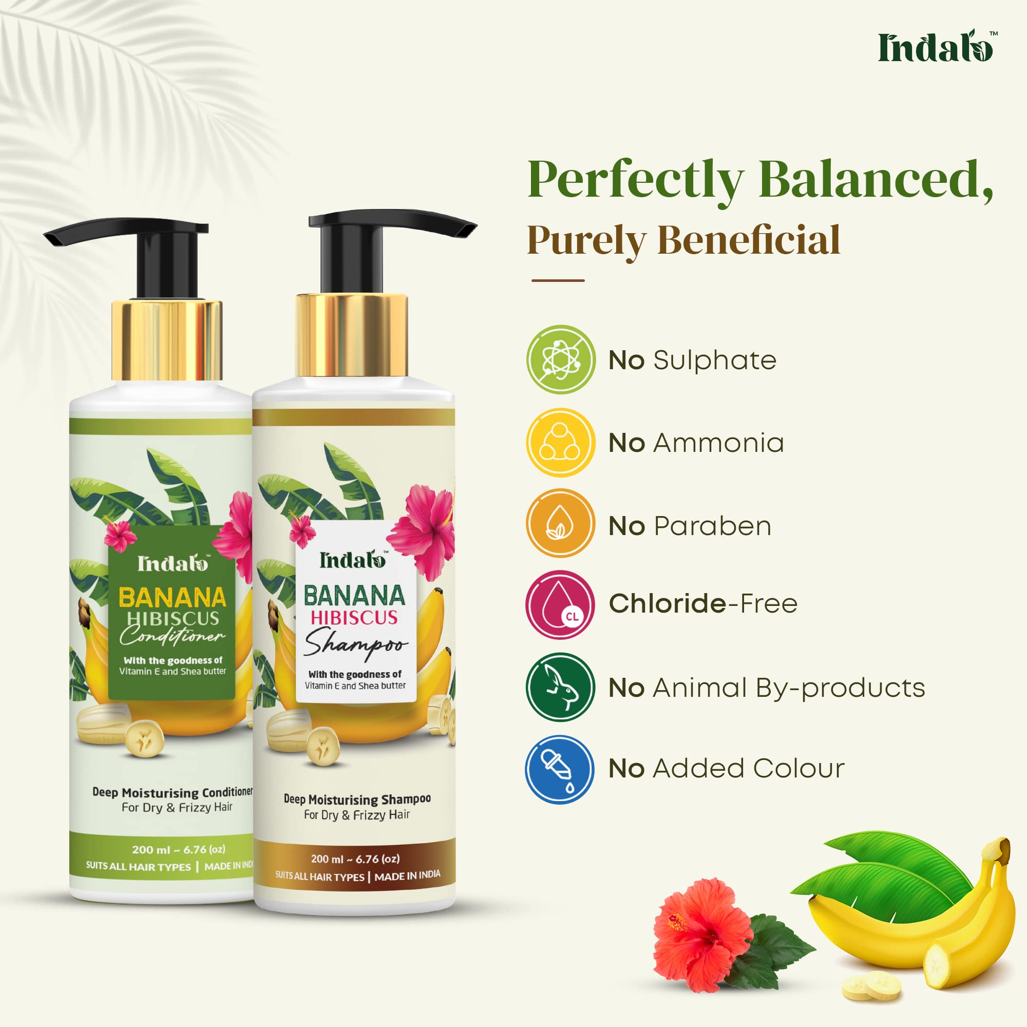 Indalo Banana Hibiscus Moisturizing Shampoo & Conditioner Set (200ml x 2) with Vitamin E & Shea Butter - Sulfate & Paraben Free Hair Care for Dry, Frizzy Hair - UV Protection for Men & Women - Perfect for Daily Hydration & Sun-Damaged Hair Repair