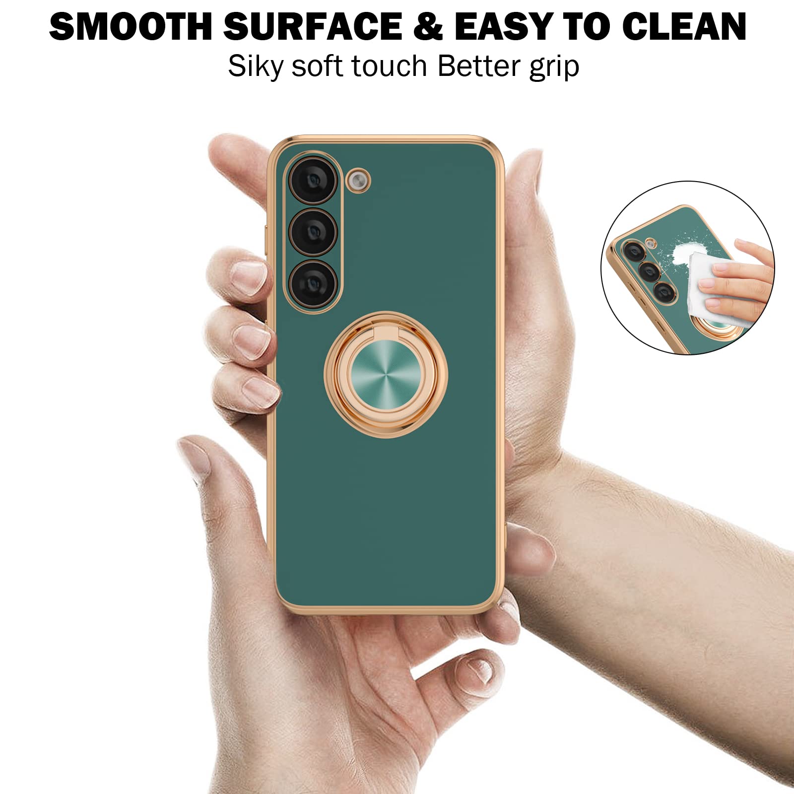Samsung Galaxy S23 Phone Case with Ring Holder & 360° Kickstand - Rose Gold Edge, Slim Soft TPU Protective Cover + 2 Screen Protectors (Grey) - Perfect for Women's Daily Use, Work & Travel