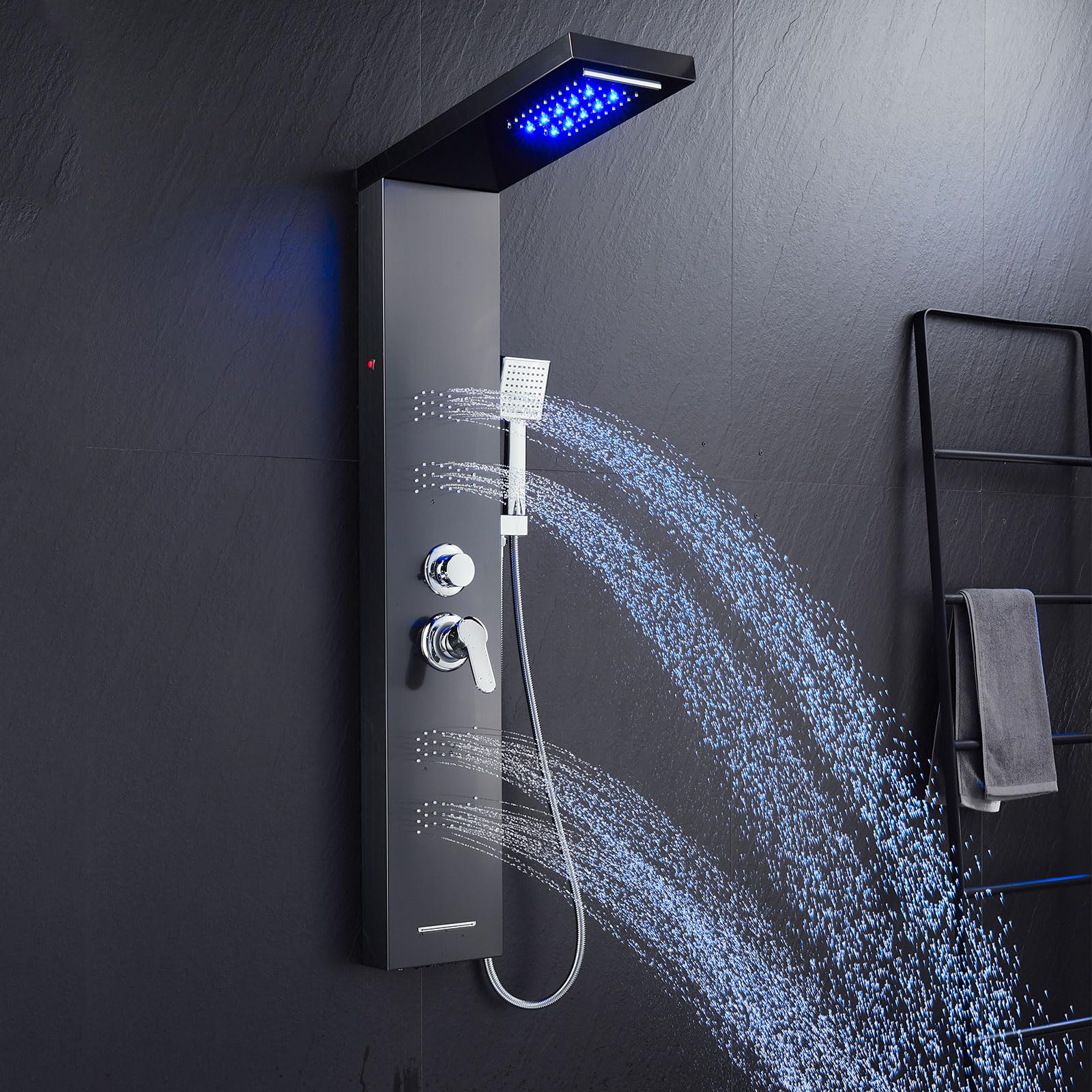 Premium Black Stainless Steel 5-in-1 LED Shower Panel Tower System with Rainfall Shower Head, Waterfall Spray, Body Jets & Handheld Shower - Luxury Bathroom Upgrade for Spa-Like Experience at Home